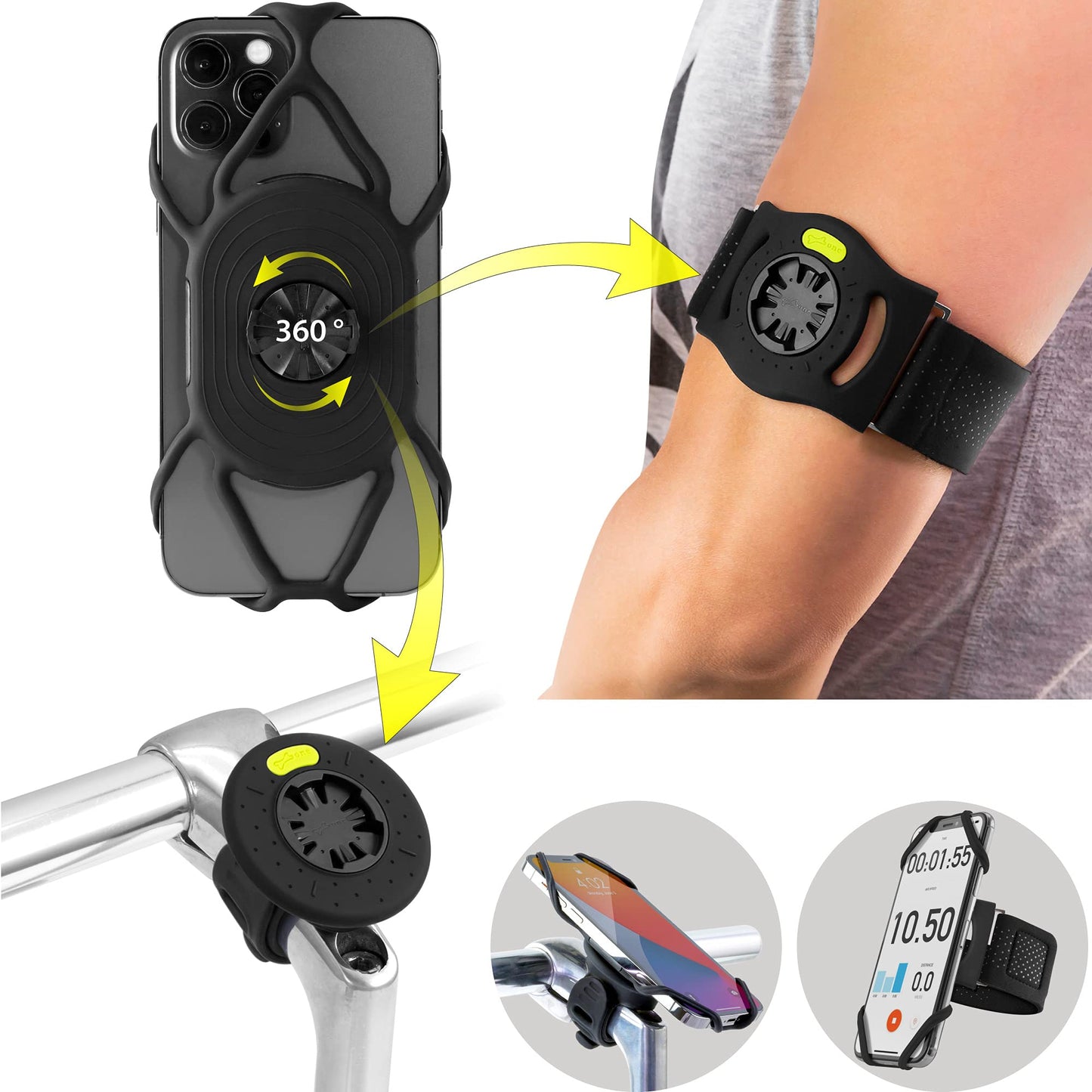 Bone Run + Bike Tie Connect Kit 1, 2-in-1 Running & Bike Phone Holder, Detachable & Rotatable 360° Sport Armband & Phone Mount Compatible with Most Smartphones (Stem/Armband 2-in-1 Connection Kit)