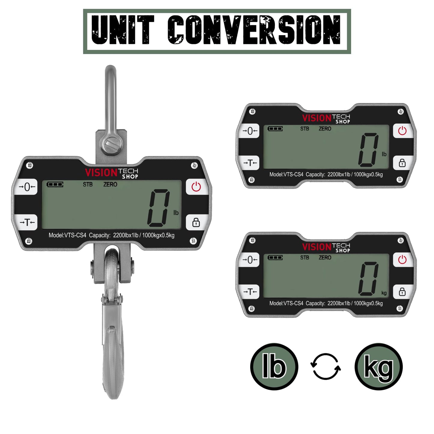 VisionTechShop Digital Crane Scale, VTS-CS4 2200lb/1000kg Heavy Duty Compact Hanging Industrial Scale with Remote Control, Large LCD Display, Backlight for Farm, Factory, Construction