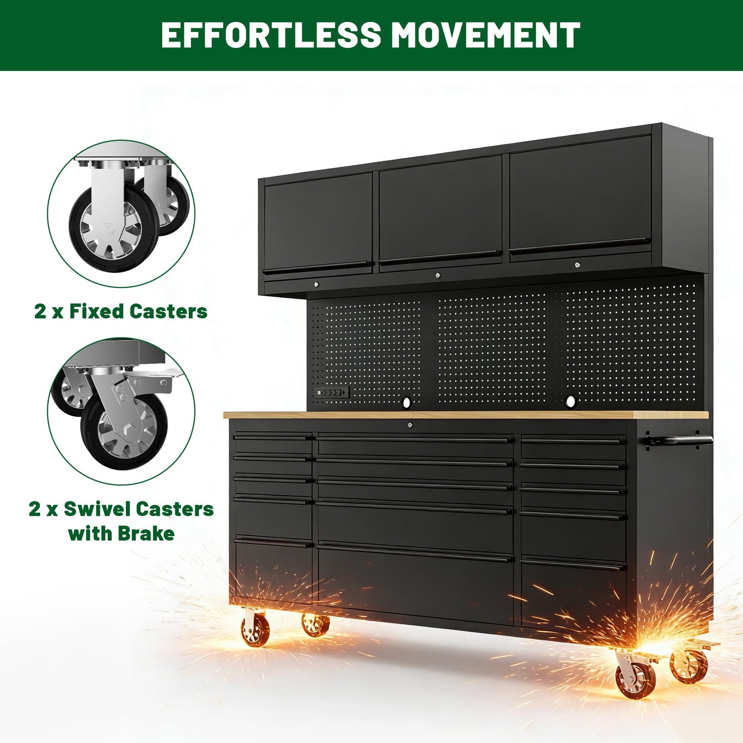 DOMINEVA 72-inch Heavy Duty Tool Chest & Rolling Workbench with 15 Drawers,3 Upper Cabinet,Pegboard & Power Strip, for Garage, Shop, Workshop Use,Black