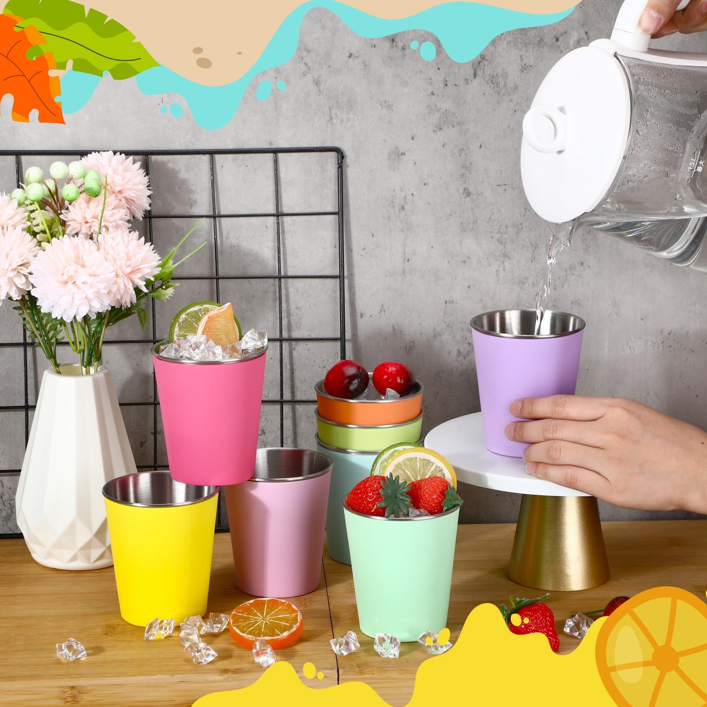 Singhoow 8 Pack Stainless Steel Cups for Kids 10 oz Colorful Toddler Tumbler with Silicone Sleeves Unbreakable Stackable Rainbow Metal Cup Drinking Glass for Summer Party Spring Camping Beach Outdoor