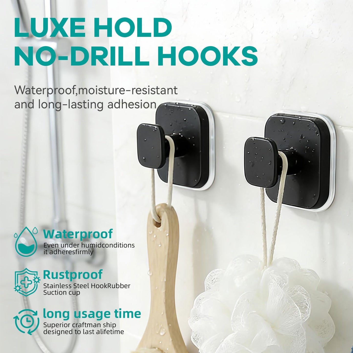 Fliverly Suction Cup Hooks for Shower,Heavy Duty No-Drill Removable & Reusable Hooks,Strong Hold Metal Towel Robe Loofah Hanger for Bathroom Kitchen Glass Mirror Tile Smooth Surfaces (Black,4 Packs)