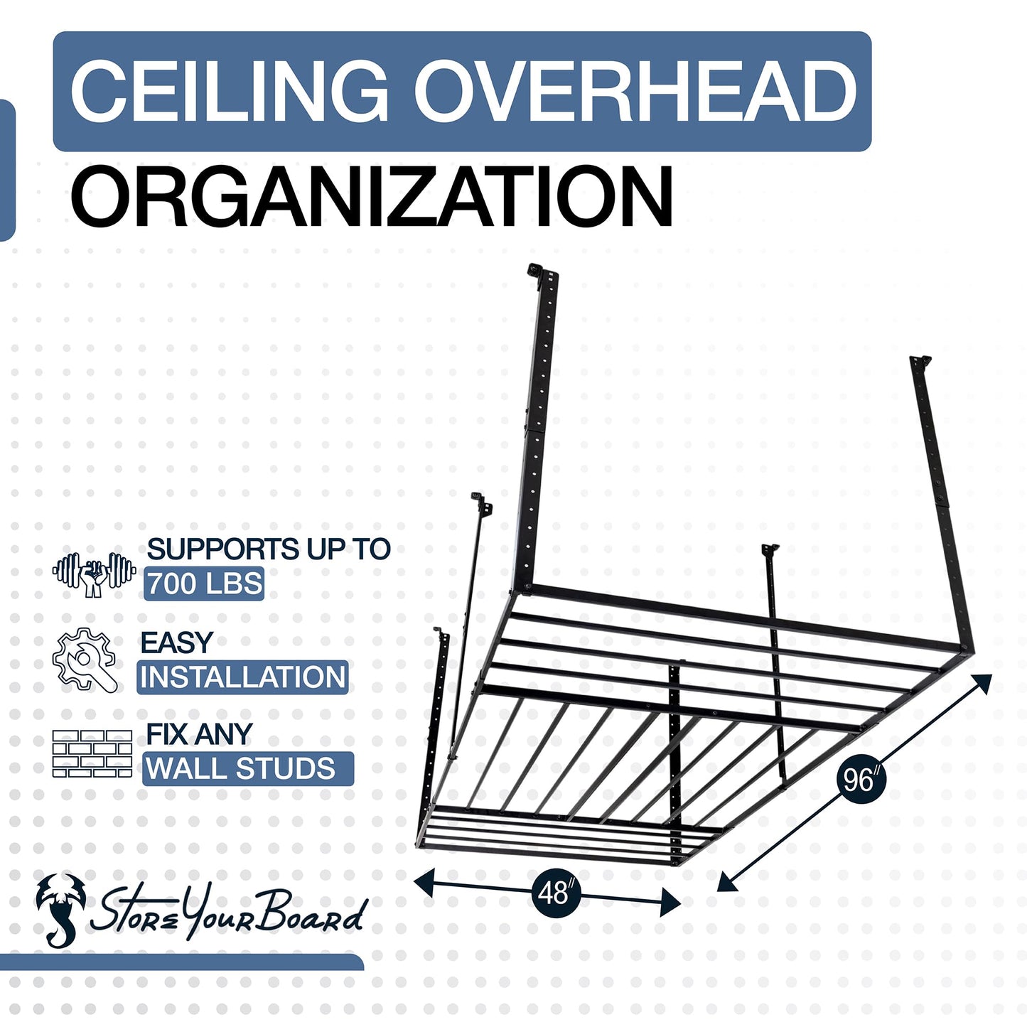 StoreYourBoard 4 x 8 Overhead Garage Storage Rack, Ceiling Shelf Overhead Organization, Heavy Duty Steel Platform Holds 700 lbs, 96 in. x 48 in. x 40 in.