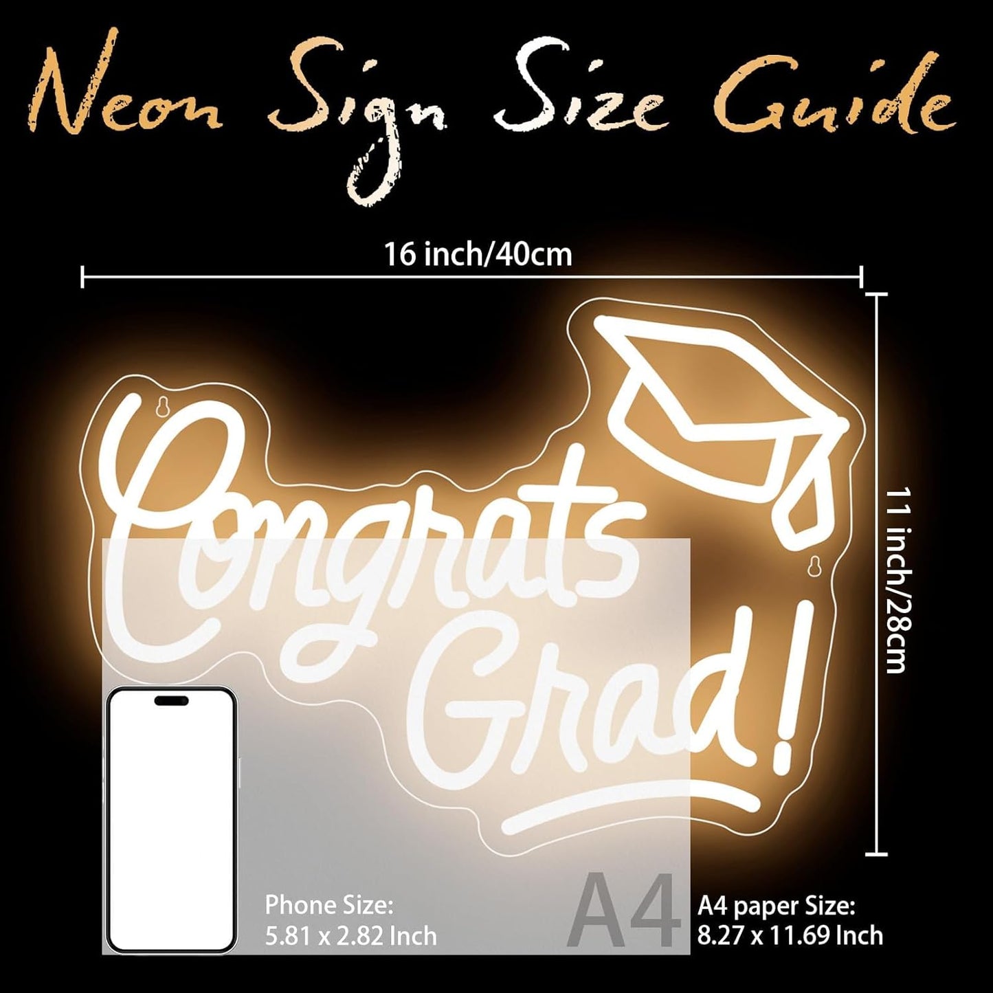 Skiennix Congrats Grad Neon Sign - Graduation Cap Design | 16"x11" Warm White LED Light for Class of 2026 Celebrations