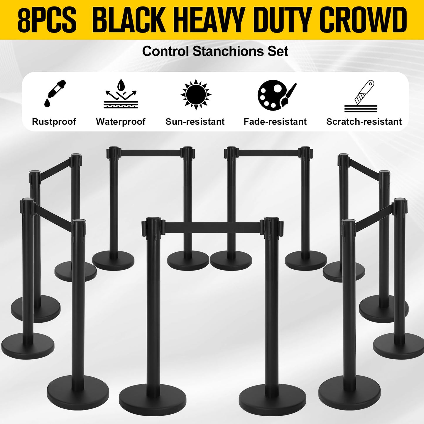 Therwen 8 Pcs Stanchions with 8.2 ft Retractable Belt Black Crowd Control Stanchions Set and Stanchion Post Sign Easy to Assemble Line Dividers Queue Ropes for Theaters, Weddings, Exhibitions