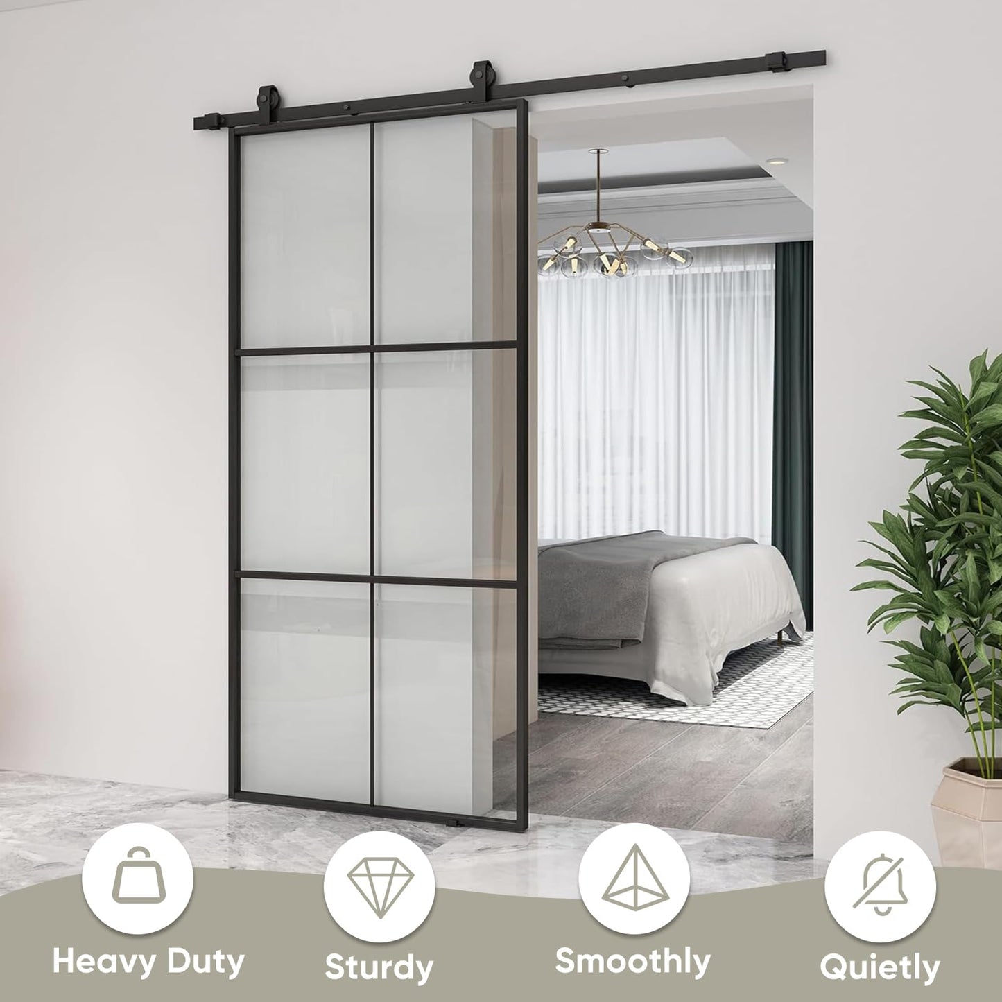 JUBEST 38in x 96in Glass Sliding Barn Door with 6.6ft Hardware kit, 3-Panel Black Aluminum Frame and Clear Tempered Glass Modern French Door, Easy to Install
