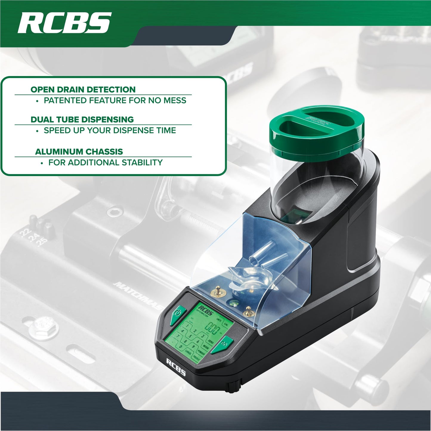 RCBS MatchMaster Powder Dispenser – Dual Tube Technology – 0.04 Grain Accuracy – Black/Green