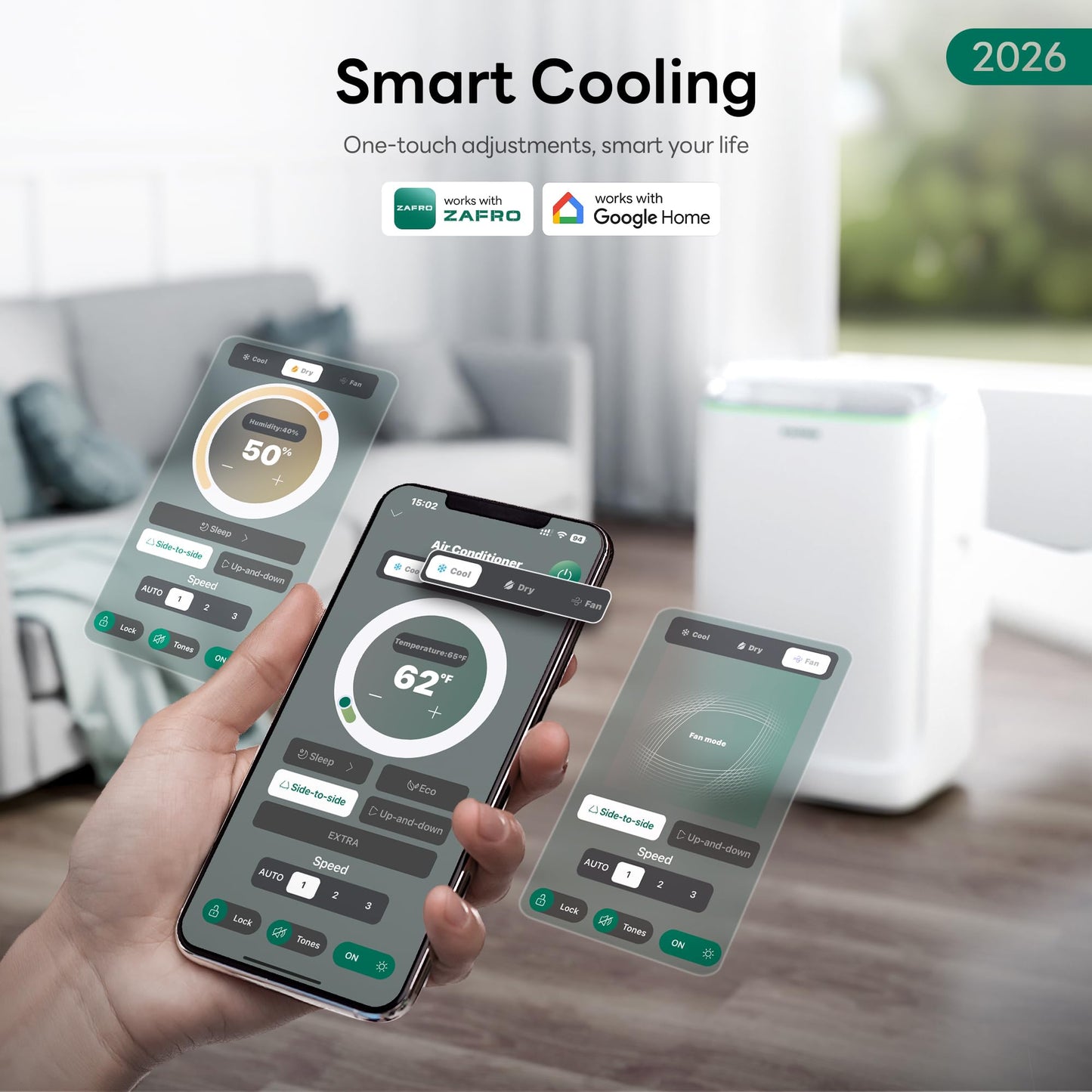 ZAFRO Smart Inverter Portable Air Conditioners, 16000 BTU (12000 BTU SACC) Dual Hose Portable AC Unit with Energy Saving/Ultra Quiet(38dB Upgraded)/Drainage-free Cool/APP/Remote for Multi-Scenario Use