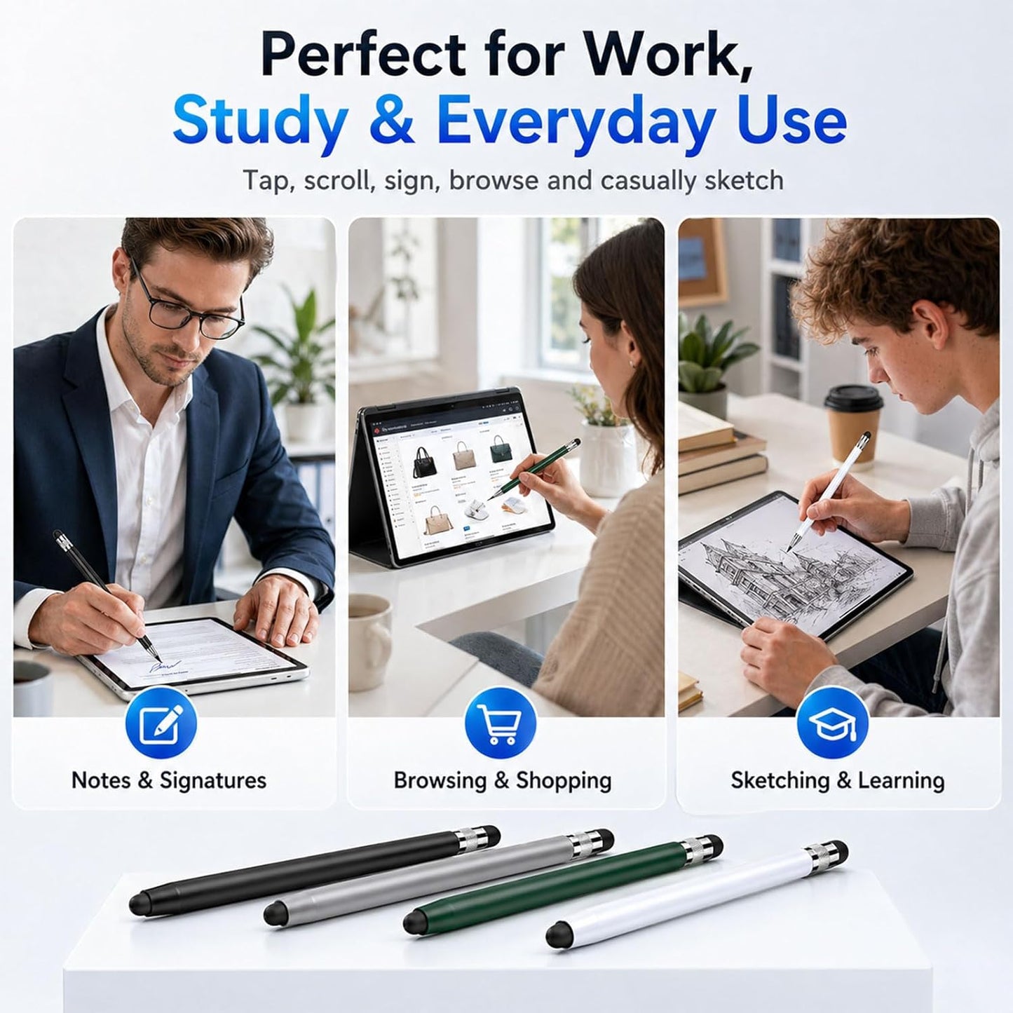 HATOKU 4 Packs Stylus Pen for iPad & Touchscreen Devices, Dual Tip Rubber Styluses, No Bluetooth/No Charging, High
