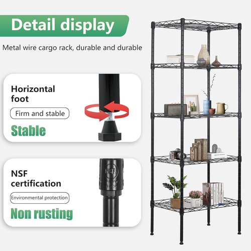 FDW Wire Shelving Unit - 5-Tier Adjustable Metal Shelves for Kitchen & Garage | 17L x 12W x 48H, Black