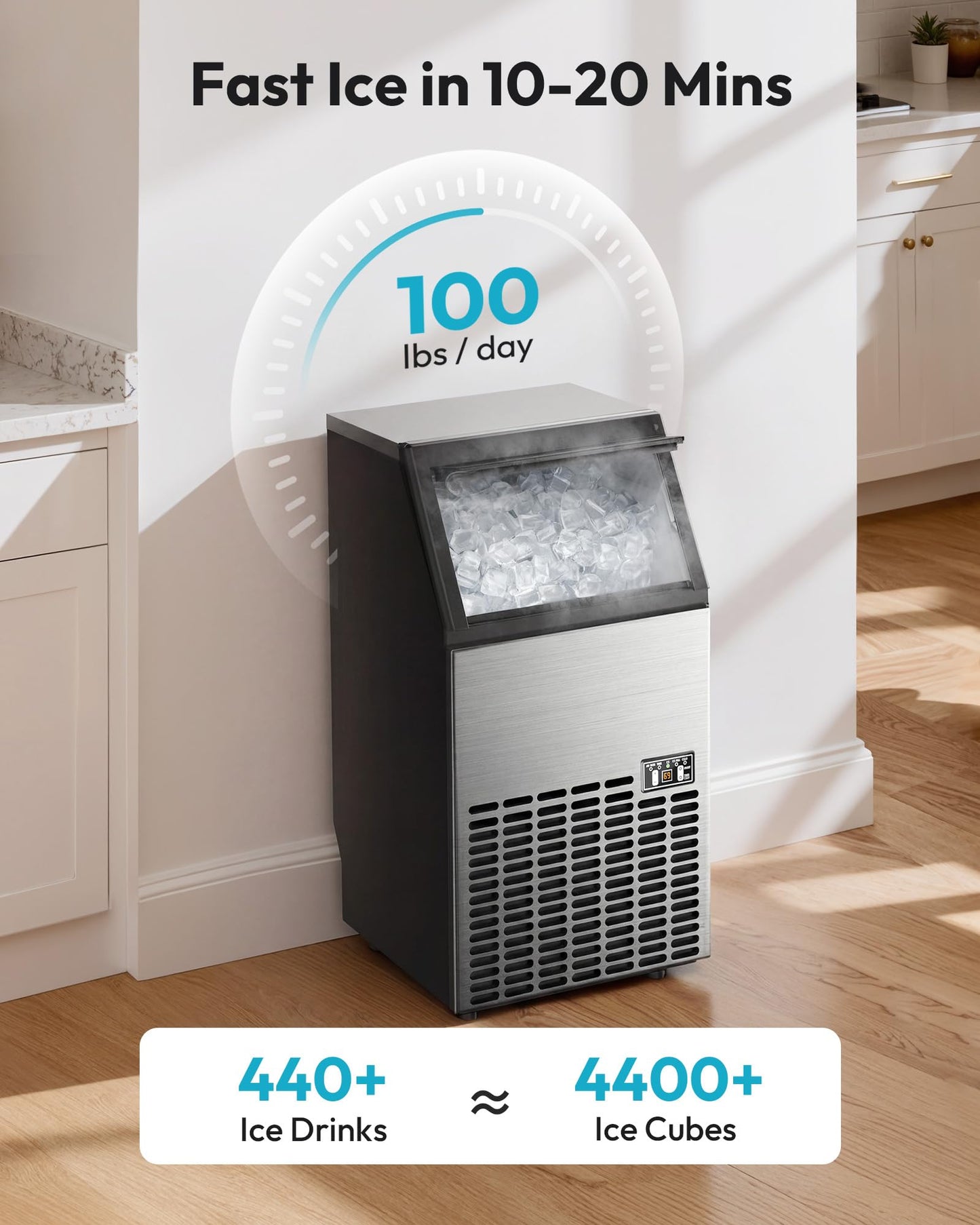 EUHOMY Commercial Ice Maker Machine - 100lbs Daily Production, 33lbs Ice Storage, Stainless Steel Freestanding & Under Counter Ice Maker, Ideal Ice Maker for Home/Bar/Restaurant/Outdoor Activities