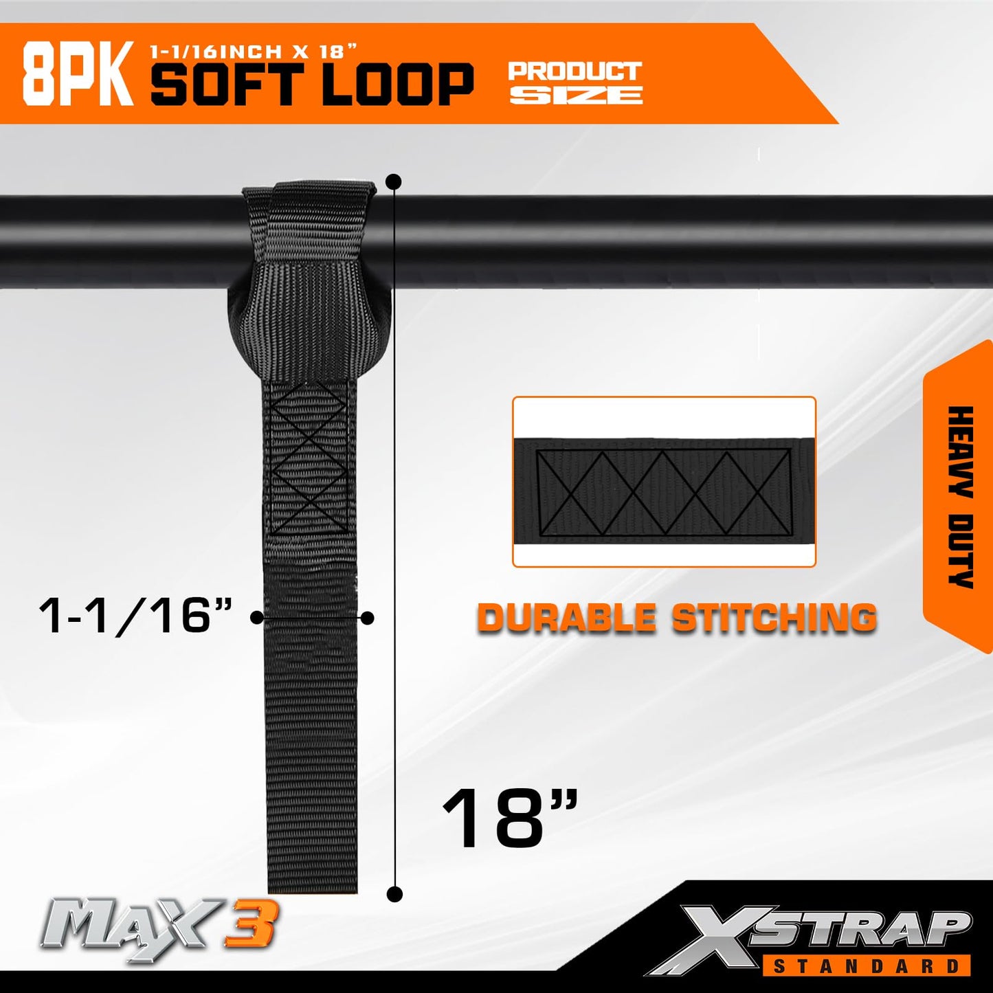 XSTRAP STANDARD Soft Loop Tie-Down Straps 8PK 1-1/16 x 18 inches - 3600LB Breaking Strength, Loops for Securing Trailering of Bikes, ATV, UTV, Motorcycles, Scooters, Dirt Bikes, Lawn Equipment, Black
