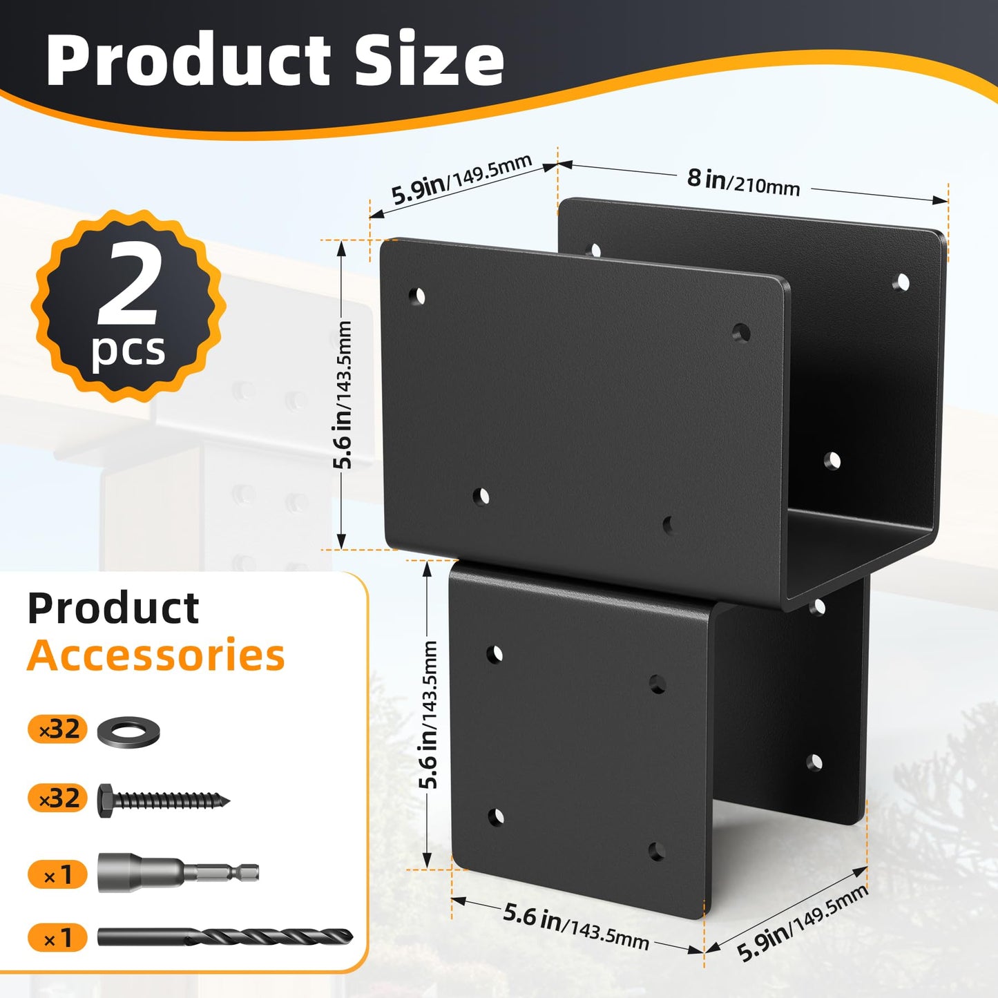 Wuno Shop 2 Pack 6x6(Actual 5.5"x5.5") Post Caps Tie Bracket, Stainless Steel Post to Beam Connectors for Wood, Heavy Duty Post Anchor Connector for Pergolas, Gazebos, Decks Porches-Black