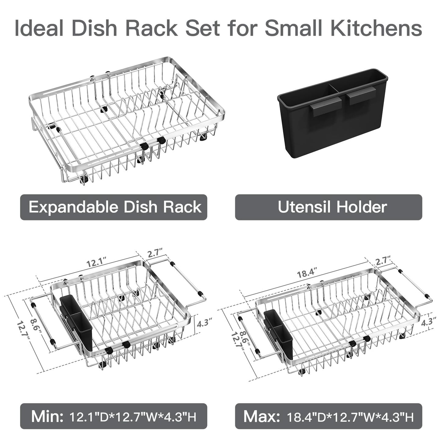 MAJALiS Dish Drying Rack Over The Sink, Expandable Stainless Steel Dish Drainer for Small Kitchen Counter Space Saving, RV Compact Plate Strainer In Silver Metal with Hanging Adjustable Utensil Holder