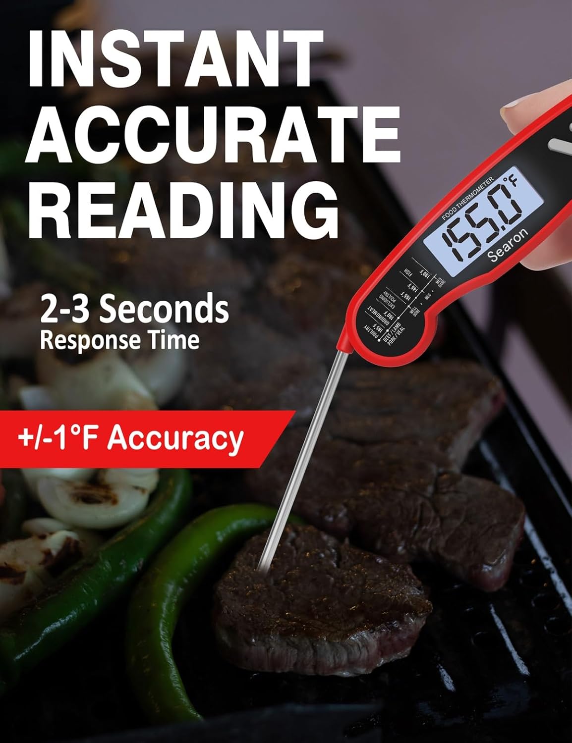 Searon Digital Meat Thermometer - Instant Read, Waterproof Design for BBQ, Grilling & Baking