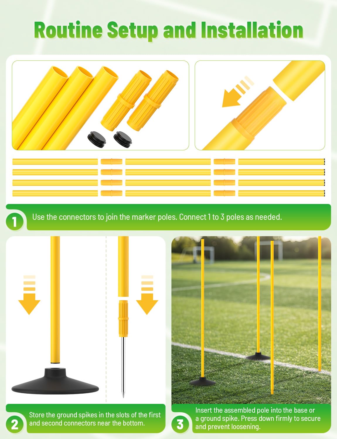 GHB Agility Poles 4 Pack 50" Sports Soccer Training Poles,Detachable Speed Training Equipment Football Accessories 2 in 1 Design Rubber Base and Spike
