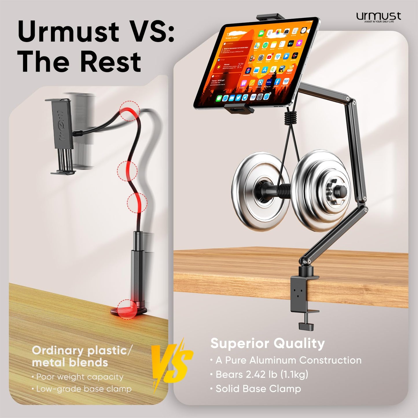 Urmust Tablet Stand for Desk, Adjustable iPad Holder for Bed, 360° Rotation, Sturdy Aluminum Tablet Arm Mount for 4.7"-15.6" iPad Pro/Air/Mini, iPhone, Galaxy Tab, for Kitchen, Work, Video Call