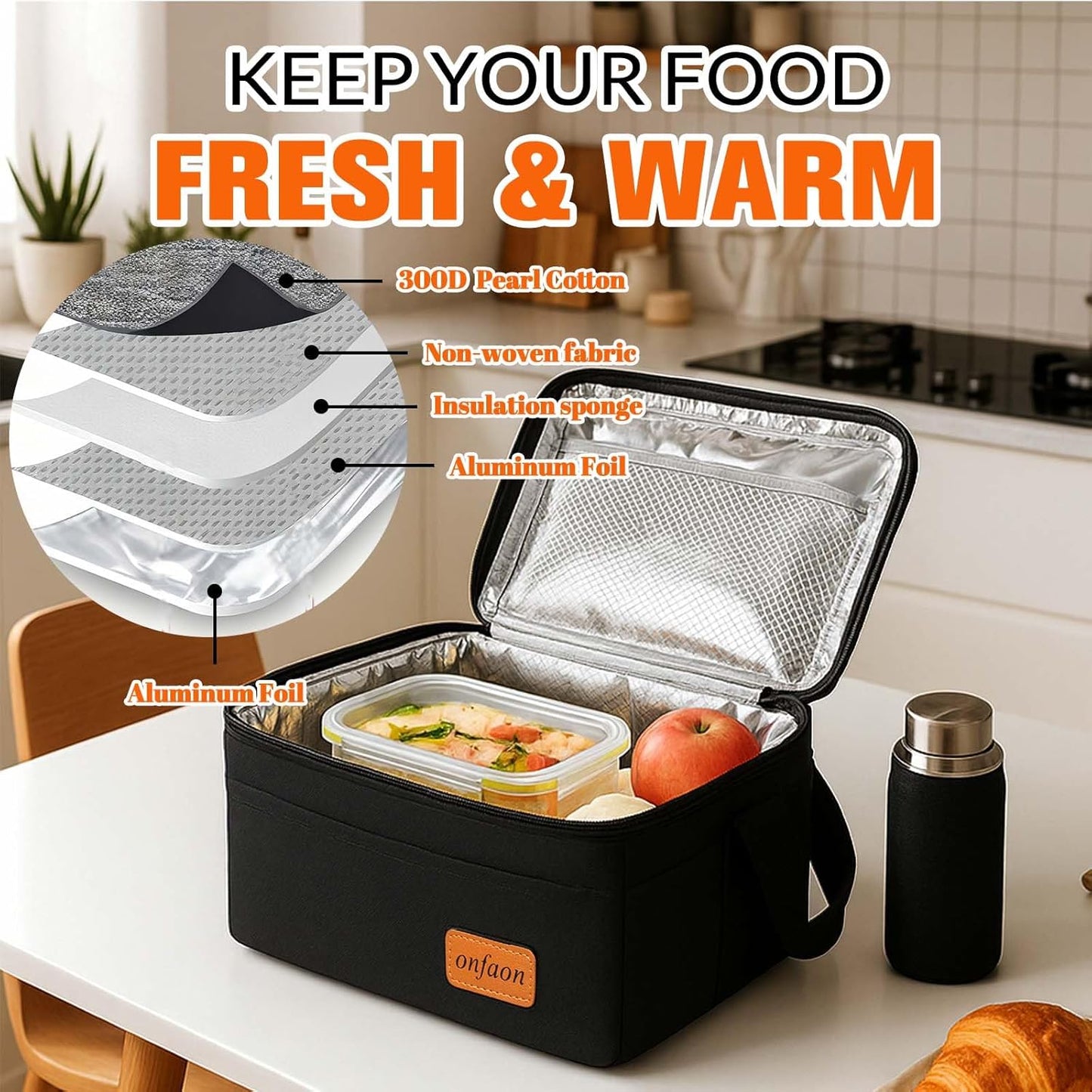 ONFAON Insulated Lunch Bag - Reusable Leakproof Cooler Tote with Adjustable Strap | Black