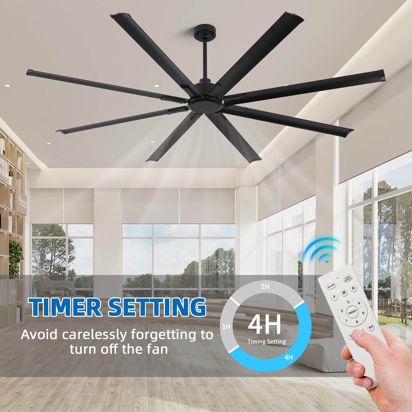 YYEHON 96 Inch Large Industrial Ceiling Fan no Lights, Reversible DC Motor, 3 Downrods, 6 Speed Remote Control, 8 Aluminum Blades, Outdoor Black Fans for Shop/Gym/Warehouse/Garage