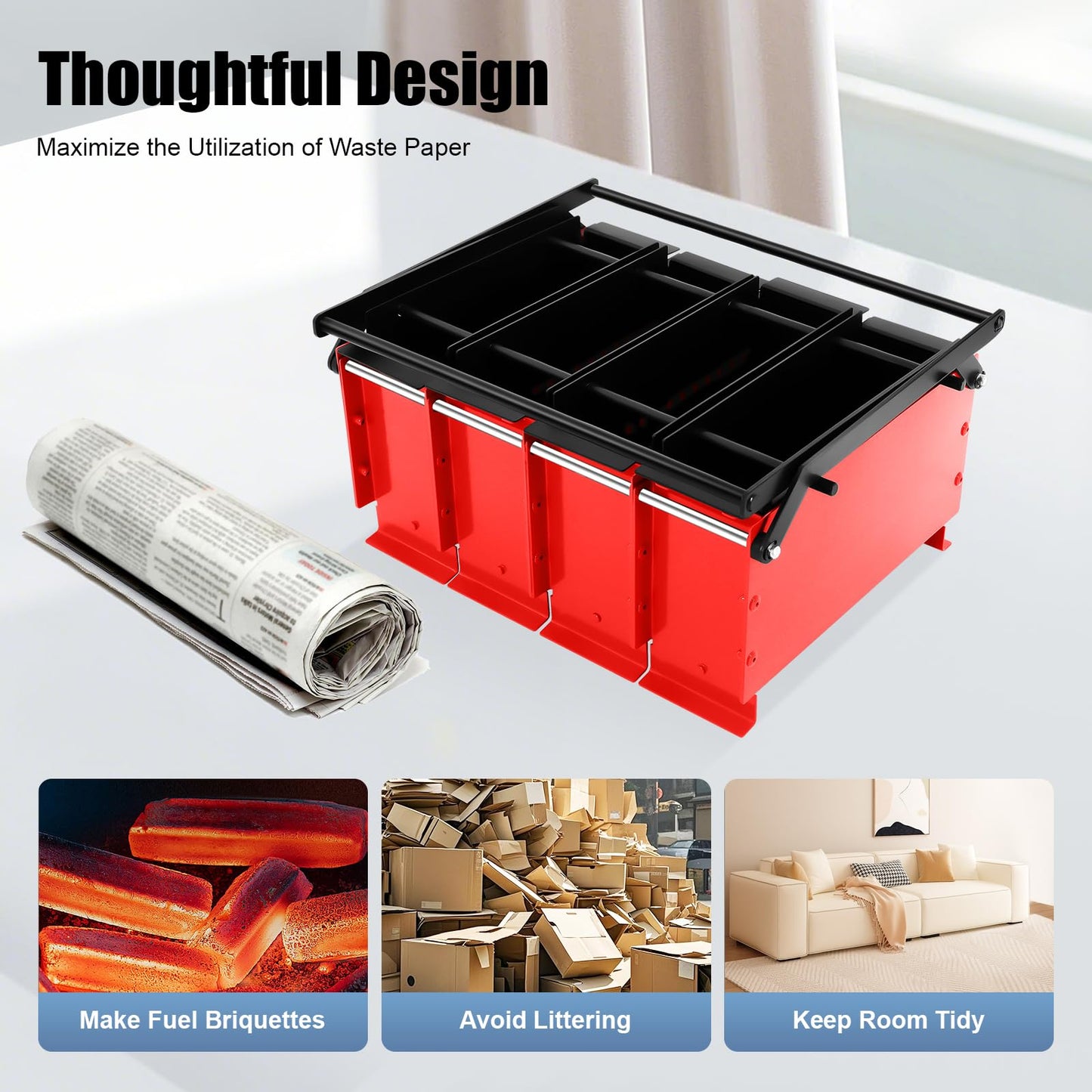 Newspaper Briquette Maker, Paper Press Machine Recycle Newspaper Log Briquette Press Maker Heavy Duty Steel Press Manual Waste Paper Brick briquette Press Machine for Indoor Outdoor Home Heating Fire