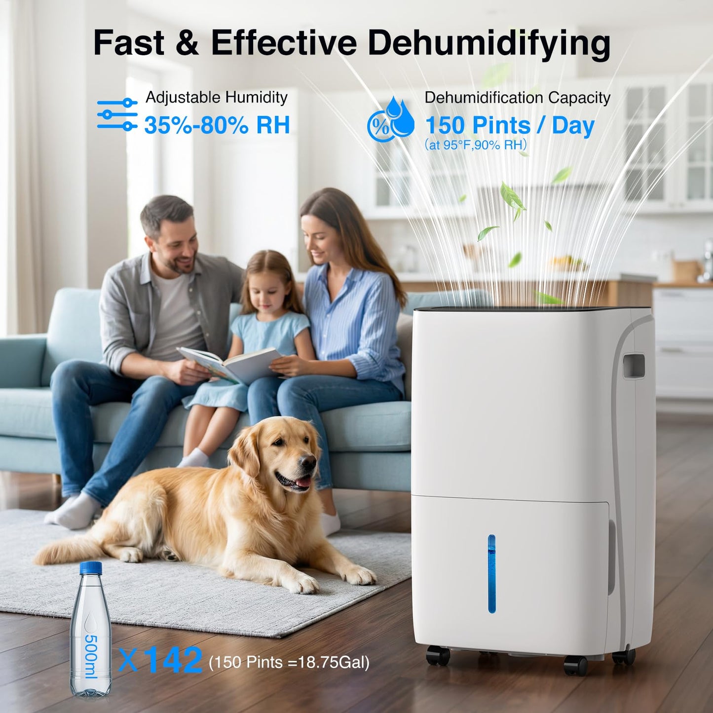 ZAFRO 7000 Sq.Ft Dehumidifiers for Home and Basement with Drain Hose, Energy Saving Max 150 Pints Dehumidifier with Auto or Manual Drainage, Auto Defrost, Three Modes, 24Hrs Timer
