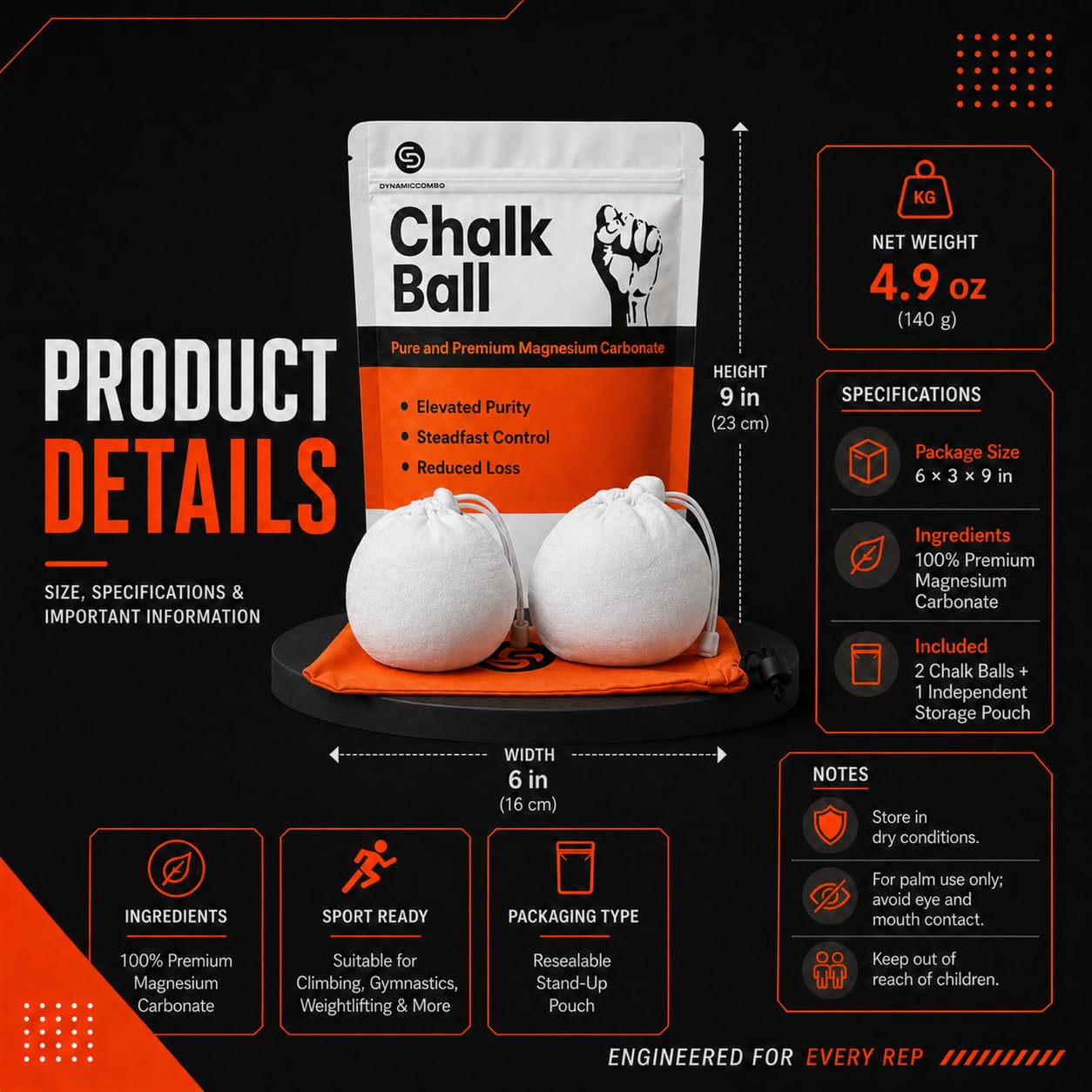 DYNAMICCOMBO Chalk Ball | Refillable Chalk Sock for Climbing, Gymnastics & Gym Workouts | Storage Pouch Included | 2 Chalk Balls
