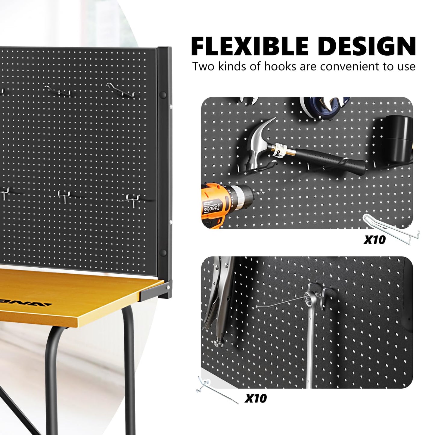 DNA MOTORING 46'' Heavy Duty Work Bench, Hardwood Workbench with Pegboard, Work Table for Garage, Woodworking Shop, Office, Home, w/ 20pcs Multifunctional Hooks, TOOLS-00457