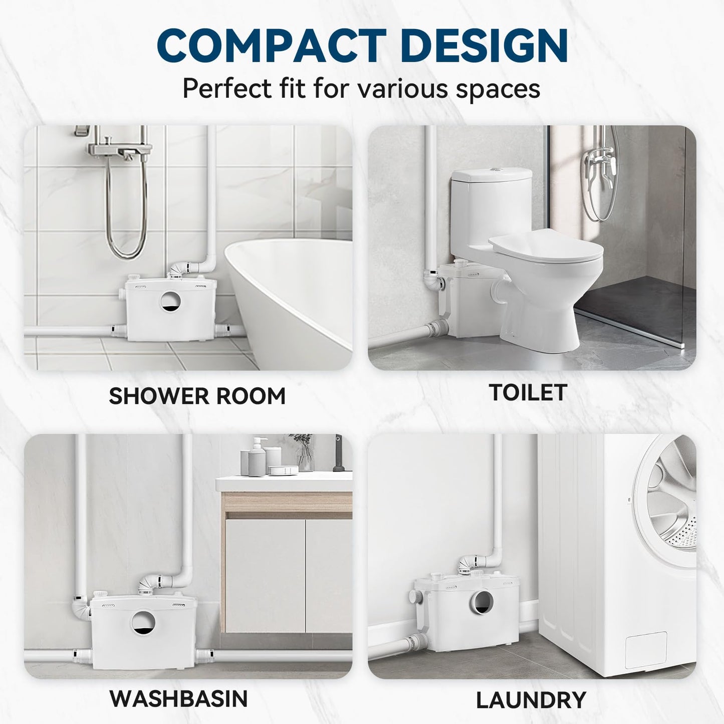 1500W Macerator Pump with Grinding Blade Toilet Pump Utility Sink Pump Upflush to 32.8FT 2800GPH Macerating Toilet System with 4 Water Inlets 2 Outlets for Toilet Sink Shower Laundry Kitchen Basement