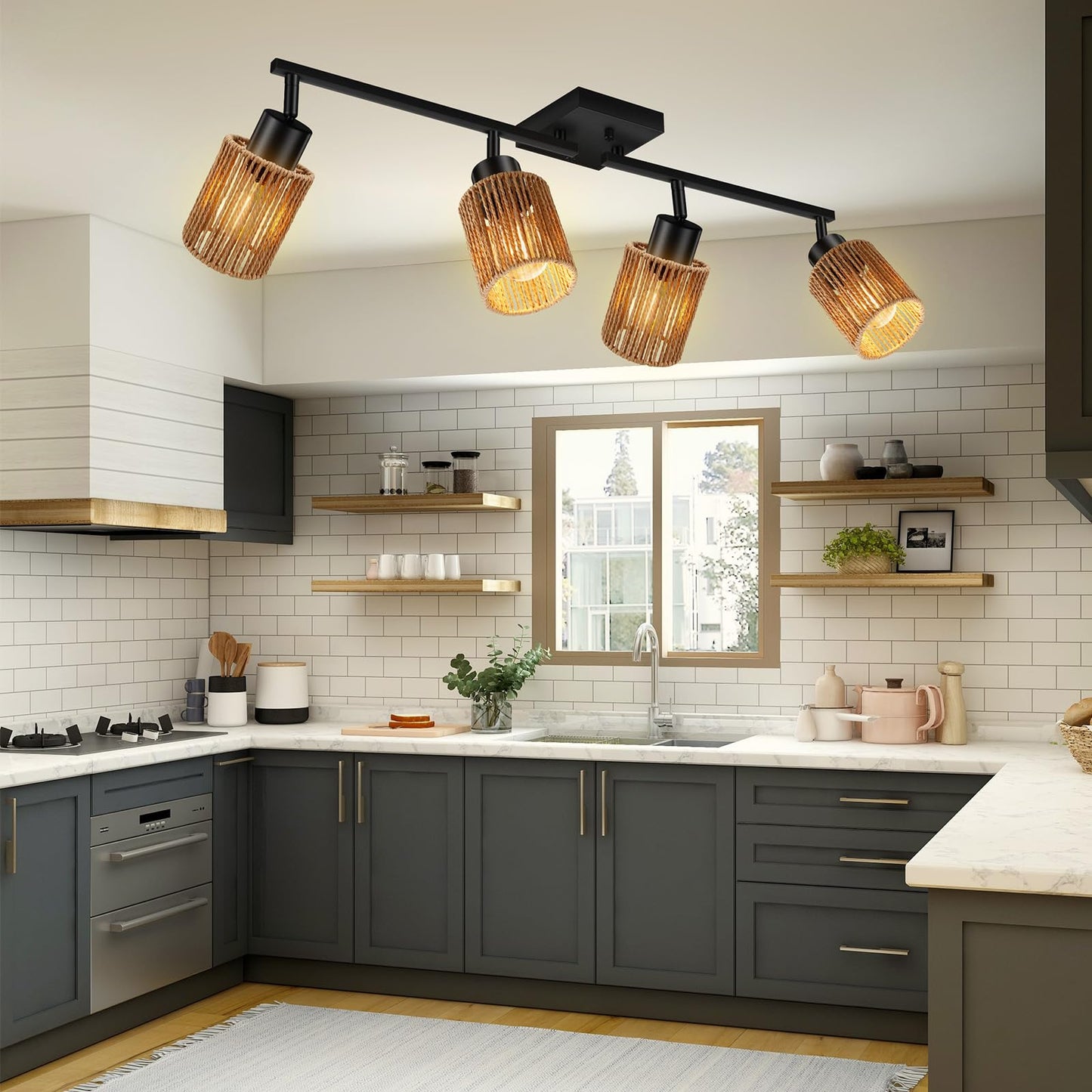 BoostArea 4 Light Track Lighting Kit, 4 Way Ceiling Spot Lighting with Handwoven Hemp Rope Lampshade, Flexibly Rotatable Light Head for Kitchen, Living Room, Bedroom, Bulb Not Included