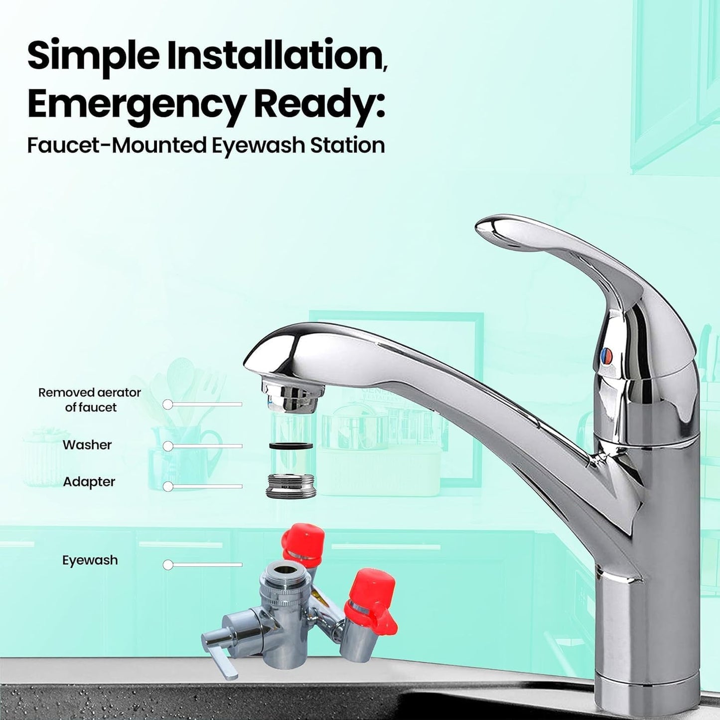 TidyFriend 4 Pack Eye Wash Kit - Faucet Mounted Emergency Eye Wash Station Sink Attachment-1 Eyewash Station, 3 Common Sink Adapter, 2 Inspection Tag, 1 Emergency Eye Wash Station Sign