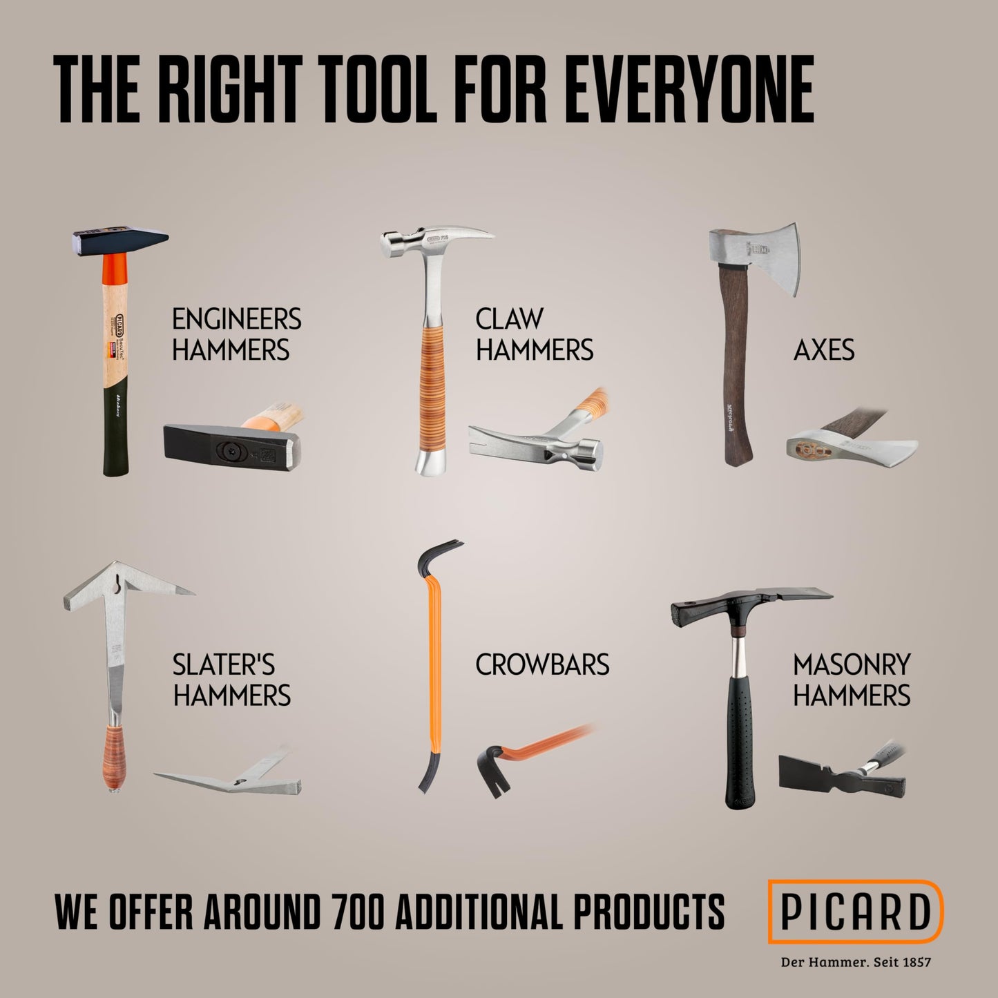 Picard Tilers Hammer 700g – Right-Handed, Rhineland Pattern, Hand-Forged Leather Grip Hammer with Nail Puller, Alloyed Steel Head, Professional Tiling & Roofing Tool – 0020700
