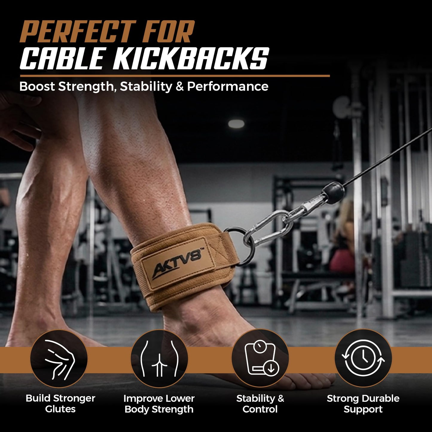 AKTV8 Ankle Straps for Cable Machine – 9mm Padded Neoprene Ankle Cuffs with Heavy Duty Dual D-Rings for Secure Glute Kickbacks, Hip Abductions, Cable Leg Curls & Lower Body Workouts (Brown, Single)