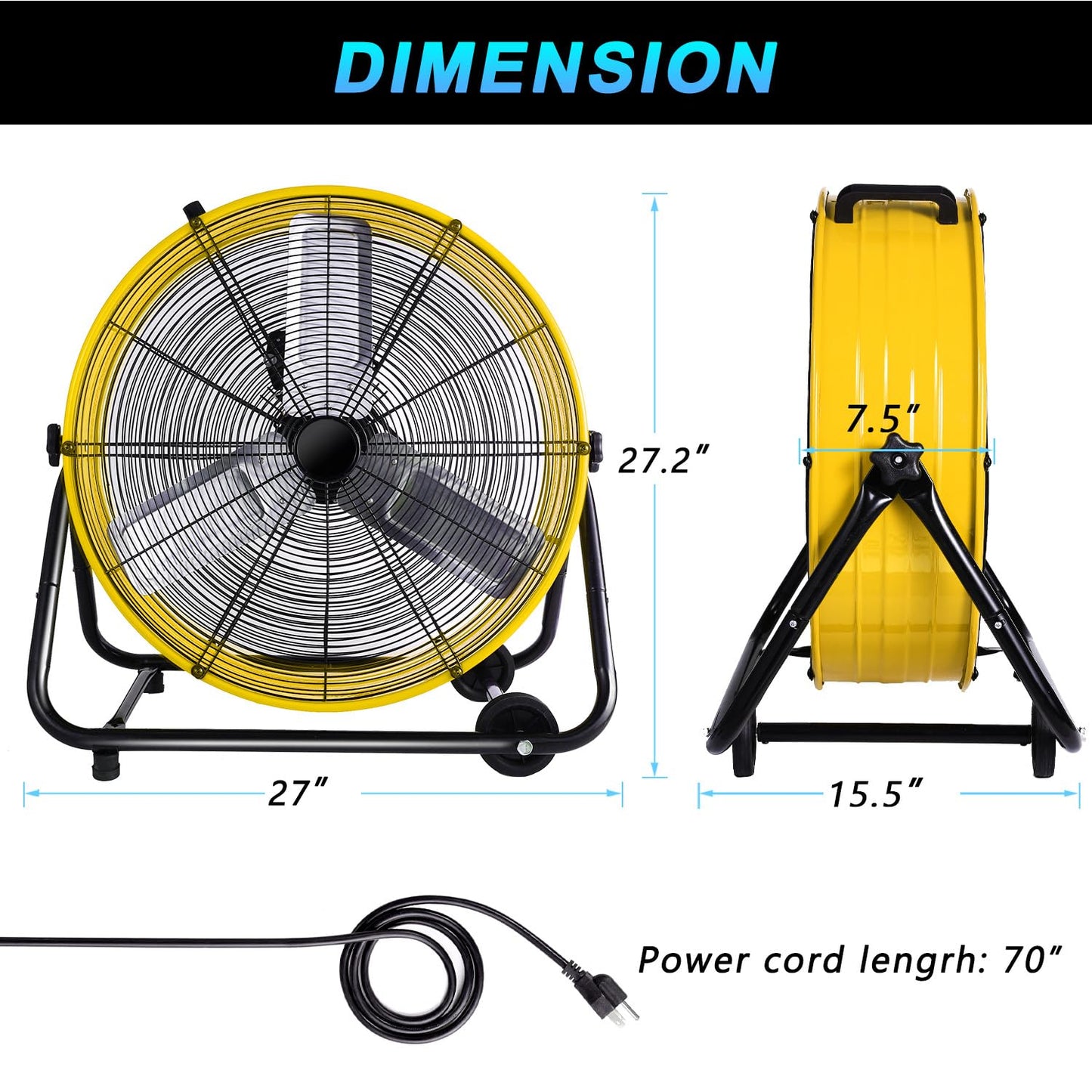 WARMLREC 24" Industrial Floor Fan, 8900 CFM High Velocity Drum Fan with 3 Speeds, Portable Heavy Duty Industrial Fan for Warehouse, Workshop, Factory, Commercial, Residential and Greenhouse Yellow