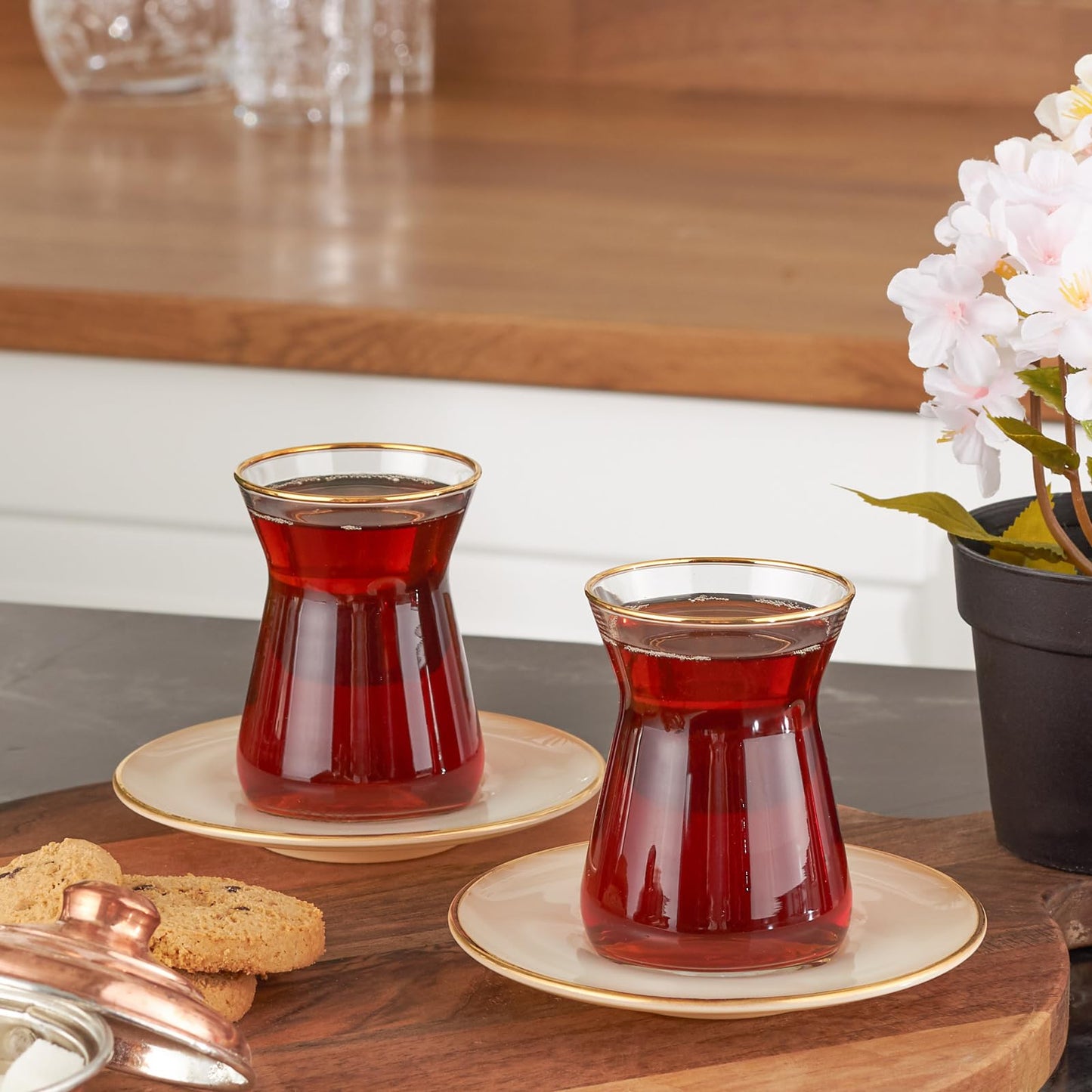 KARACA Retro Beige 6 Person Tea Set - 12 Piece Turkish Tea Cups and Saucers, Turkish Tea Glasses Set with Gold Decal Details
