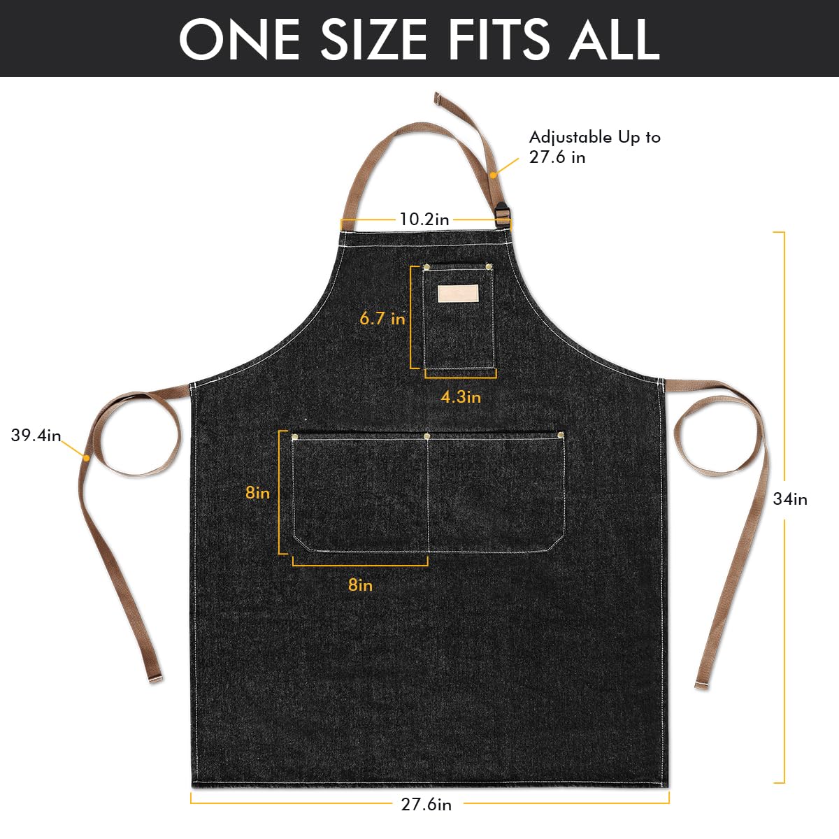 ROTANET Denim Work Apron with 3 Pockets Jean Shop Aprons for Chef Hairstylist Kitchen Woodworking for Men Women Black