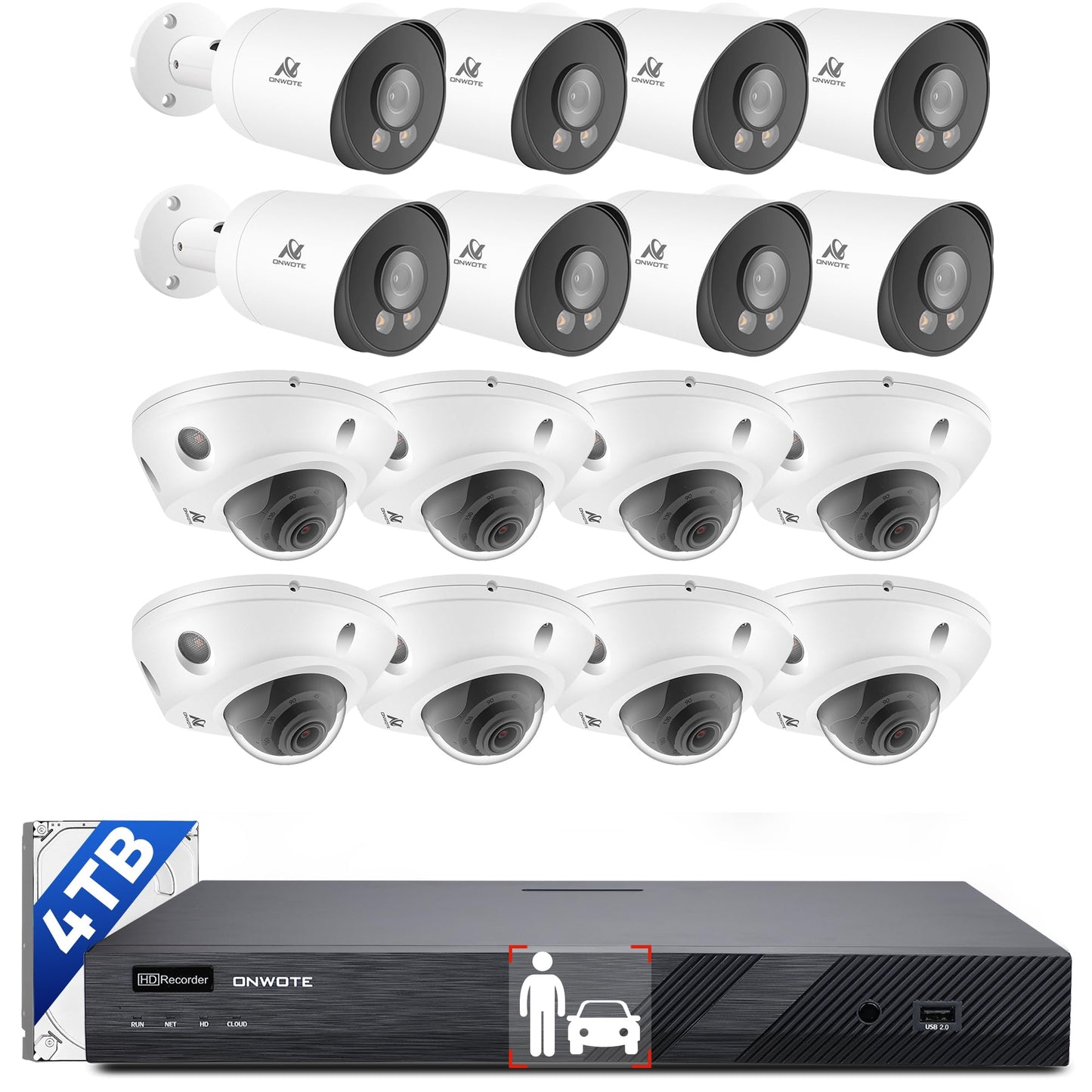 ONWOTE 12MP NVR 16 Channel Security Camera System, 16x 5MP 30FPS Outdoor PoE IP Cameras with Audio, Smart AI Color Night, 16CH 6K 4K Commercial NVR 4TB, 16x Cables(Total 1280ft), CCTV for Business