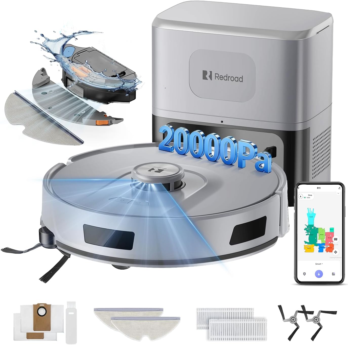 Skiennix Robot Vacuum - 20,000 Pa Power, Self-Emptying & Lidar Navigation | Gray R11 for Pets & Carpets
