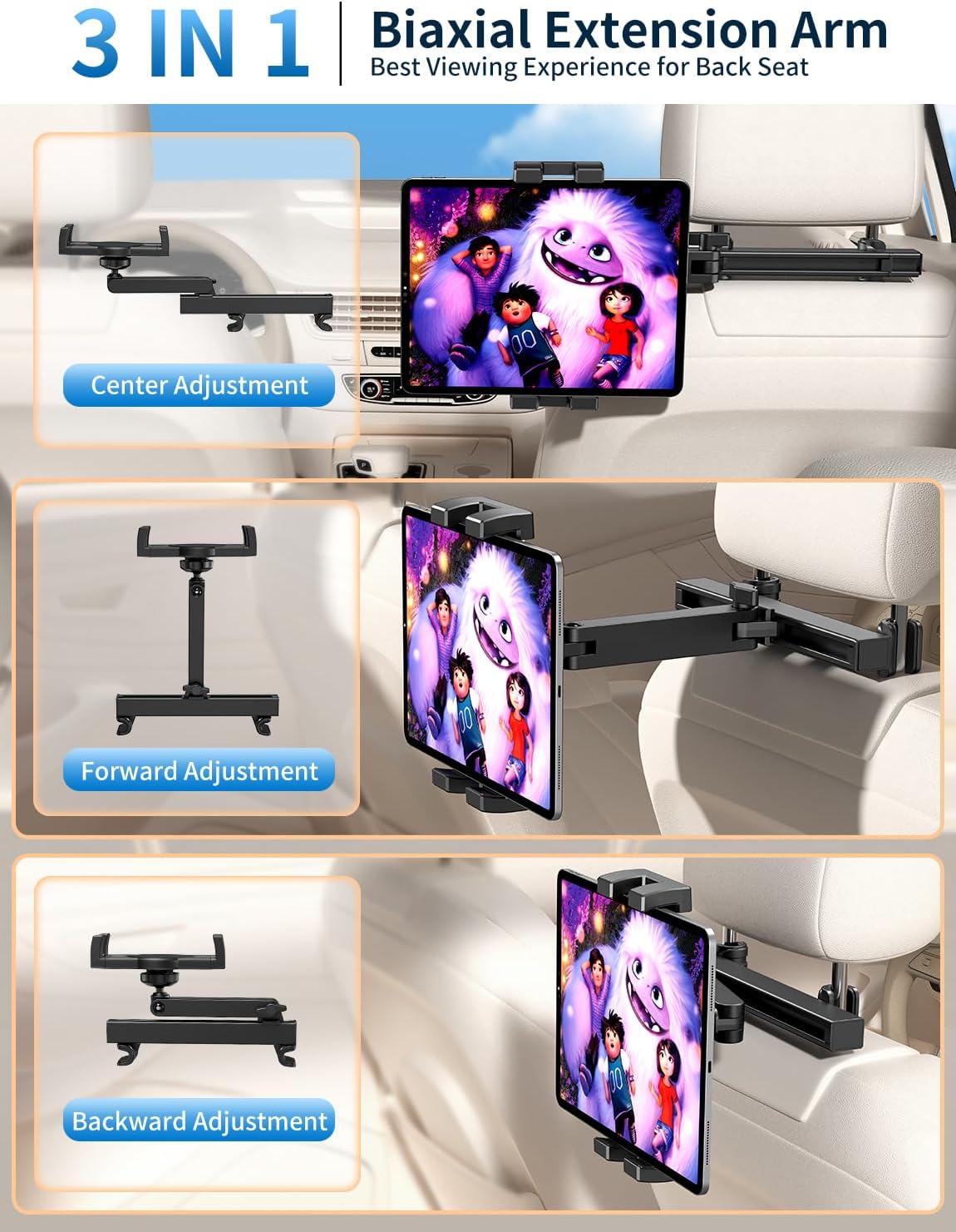 bokilino [3 1 4.7-12.9" Tablet Holder for Car Headrest, in Adjustable Extension Arm] iPad Car Mount for Back Seat, Road