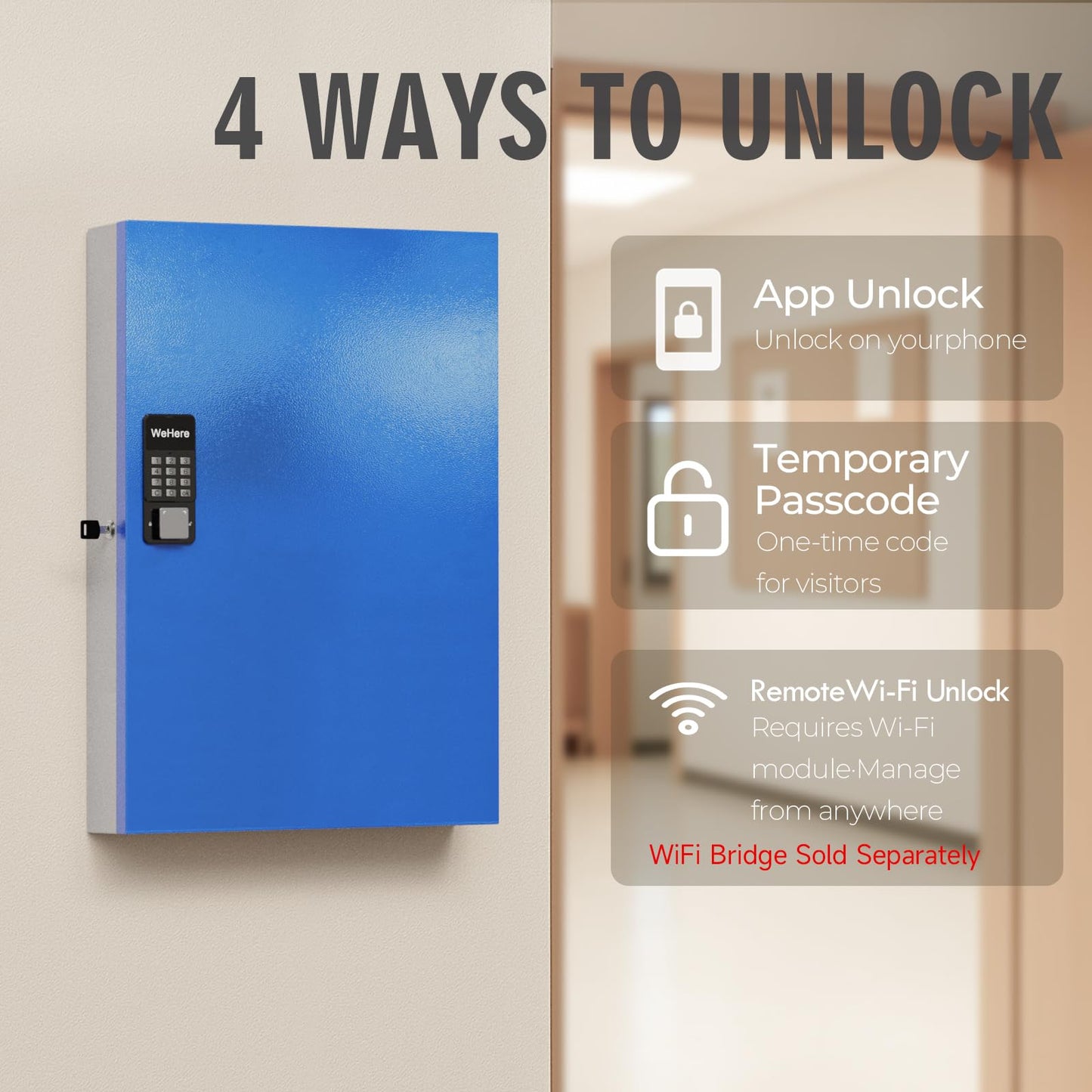 WeHere 192-Key Smart Key Lock Box, Wall-Mount Key Cabinet with Key Management App(Track Key Borrow/Return), Keypad, Bluetooth & WiFi Unlock (Sold Separately) for Commercial, School, Rental, Office
