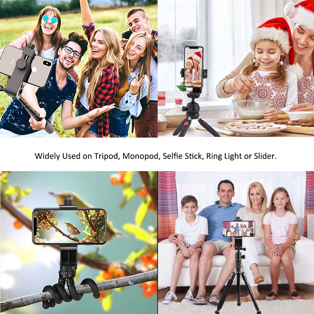 EszkozTA Cell Phone Tripod Mount Adapter, Universal Phone Holder Adjustable Clamp, 360 Degree Rotatable Bracket 1/4" Screw Clip for iPhone, Samsumg, Selfie Stick, Monopod (Black-1 Pack)