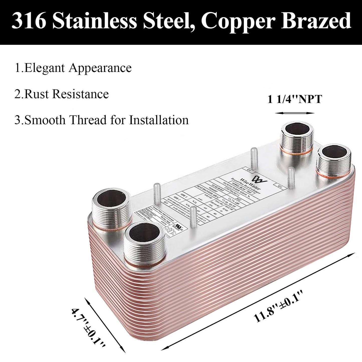 AB Plate Heat Exchanger,5"x12" 70 Plates Water To Water Heat Exchanger, Copper/SS316L Stainless Steel Brazed Plate Heat Exchanger For Floor Heating, Water Heating, Snow Melting