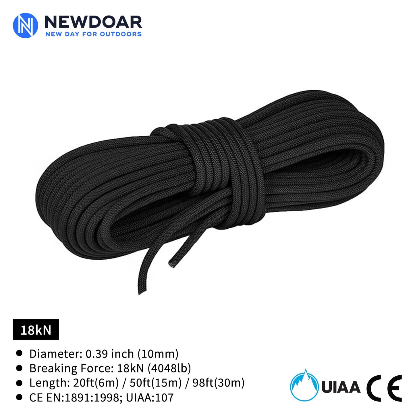 NewDoar 10mm(3/8inch) Accessory Cord Rope CE 24KN Double Braid Pre Cut for Outdoor Survival, Mountaineering, Prusik,Hauling Dragginge(Black 10mm,20FT)