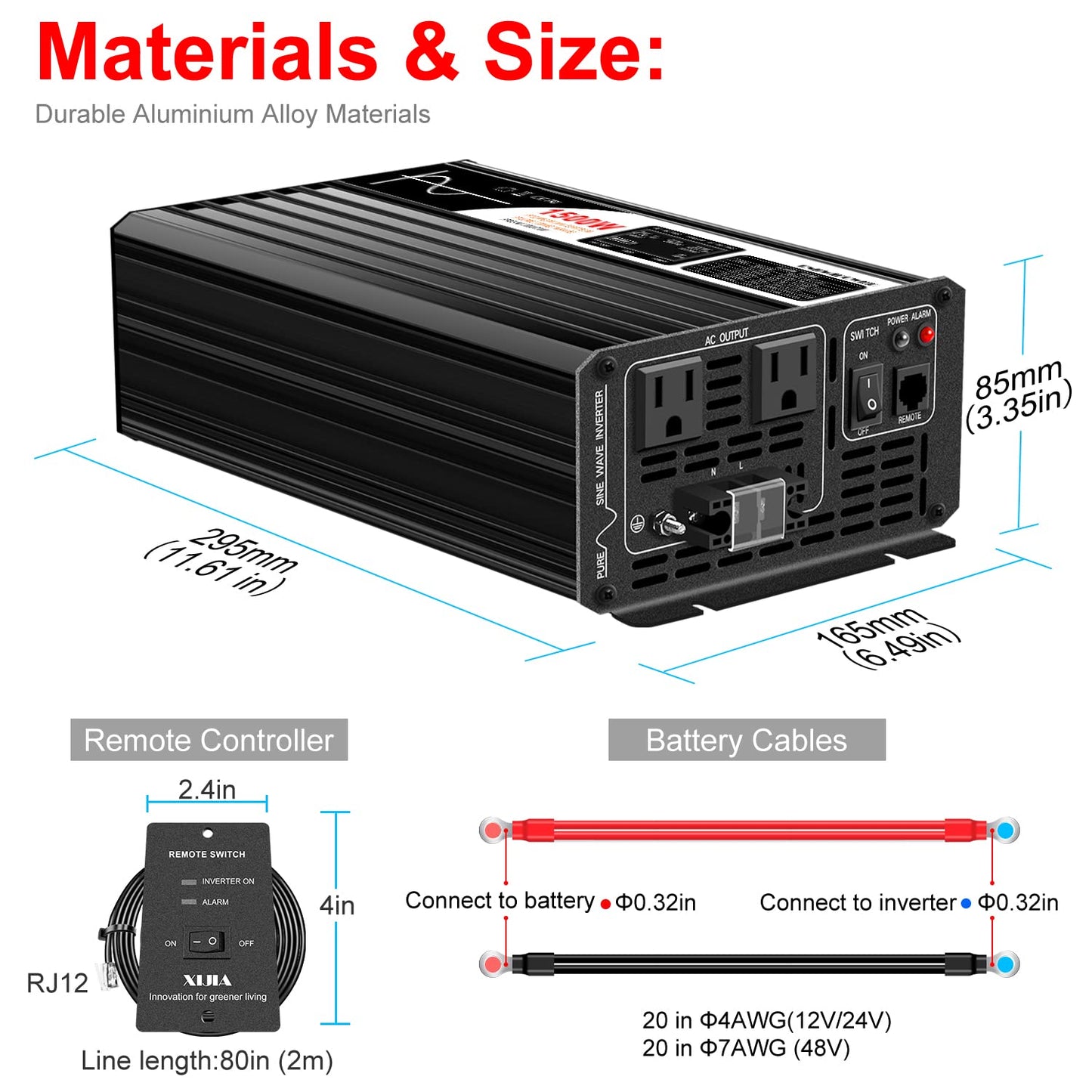 Xijia 1500W Power Inverter，24V to 120V Pure Sine Wave Inverter，Surge 3000W Solar Converter for Truck，Home Backup Solar Systems ，with Bluetooth Remote Control