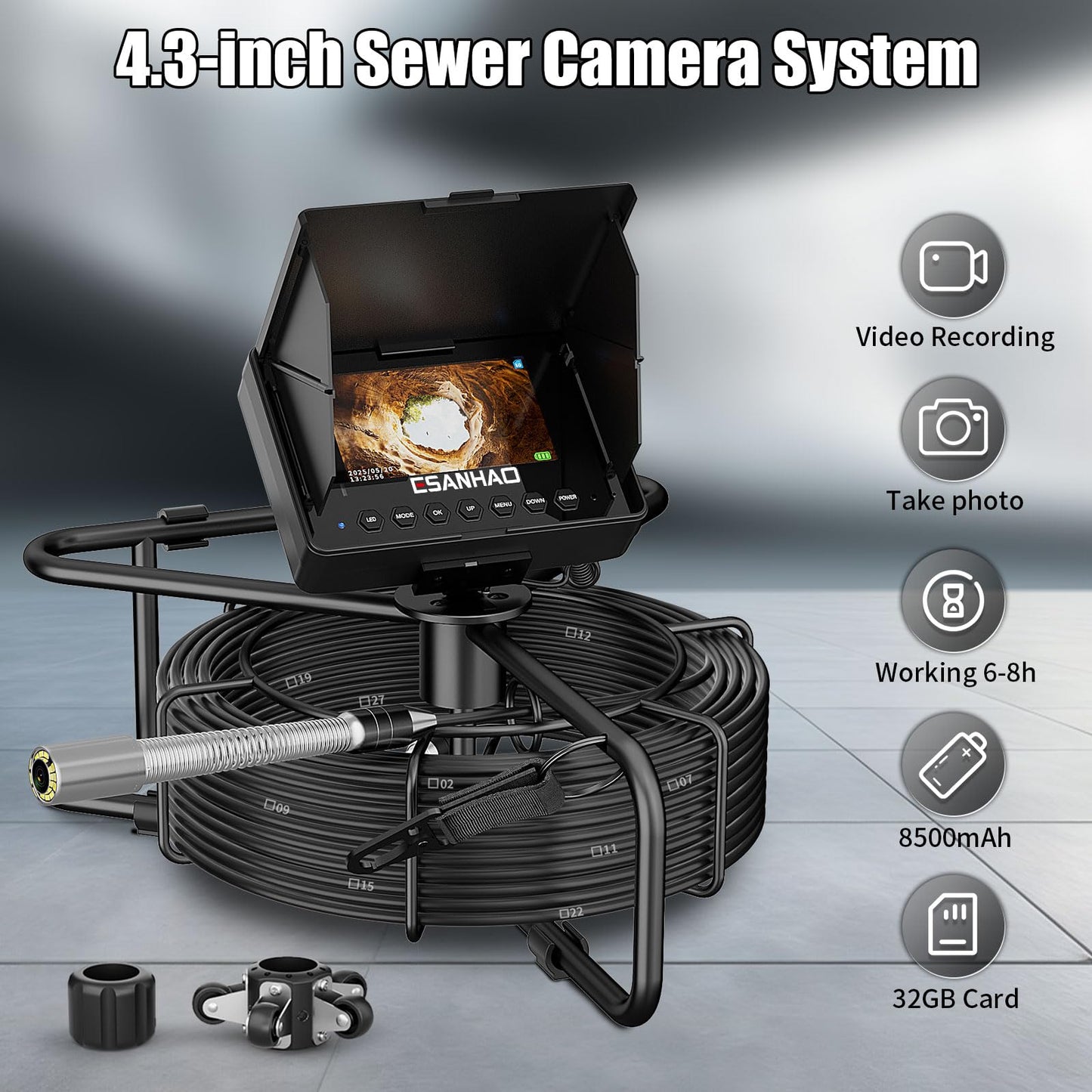 ESANHAO Sewer Camera 100ft Drain Pipe Camera Plumbing Snake 8500mAh Battery, 23mm HD, 12LEDs, DVR Recording, 32GB TF Card Included