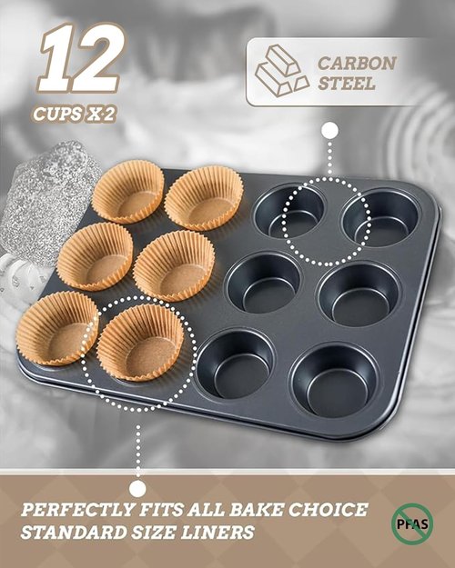 Bake Choice Muffin Pan Set - Nonstick 12-Cup Baking Pans with 100 Natural Cupcake Liners