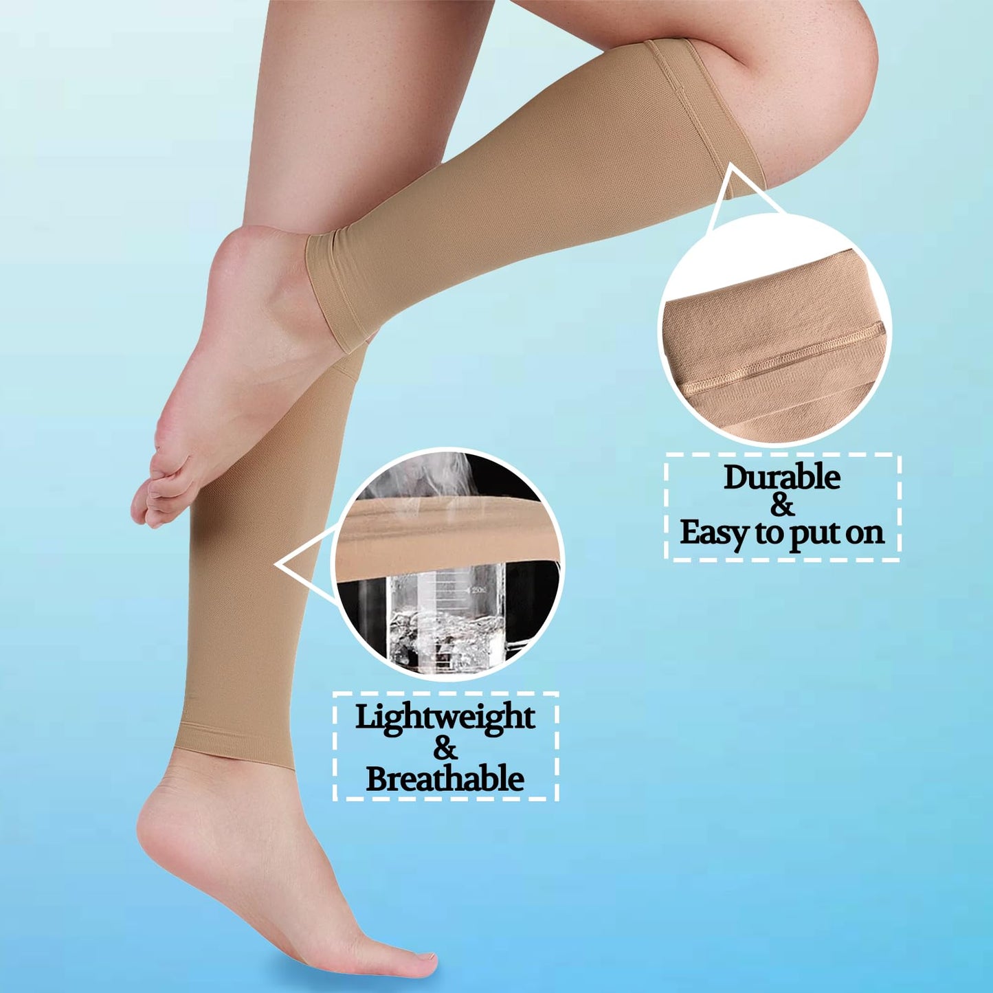 Lin Performance 20-30 mmHg Medical Calf Compression Sleeve for Women and Men Lightweight Footless Socks for Travel Flight Daily Comfort（Beige,L）