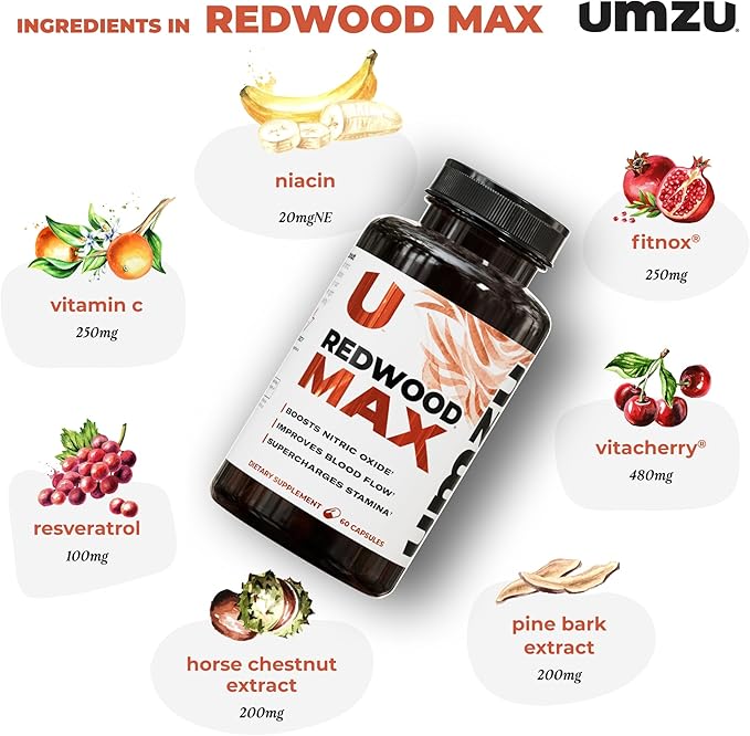 UMZU Redwood Max Nitric Oxide Booster, 1-Month Supply ??Advanced Nitric Oxide Supplement with Fitnox Blend, Pine Bark, Resveratrol & Tart Cherry ??Promotes Healthy Circulation, Energy and Recovery