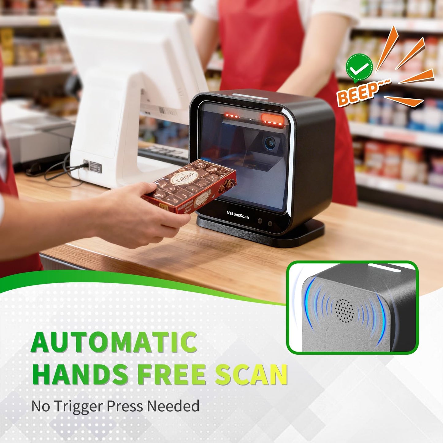 NetumScan USB Barcode Scanner, Automatic Hands-Free 1D 2D QR Code Reader, Plug-and-Play for POS Systems, Retail, Warehouse & Inventory Management - DP9280G(NS)