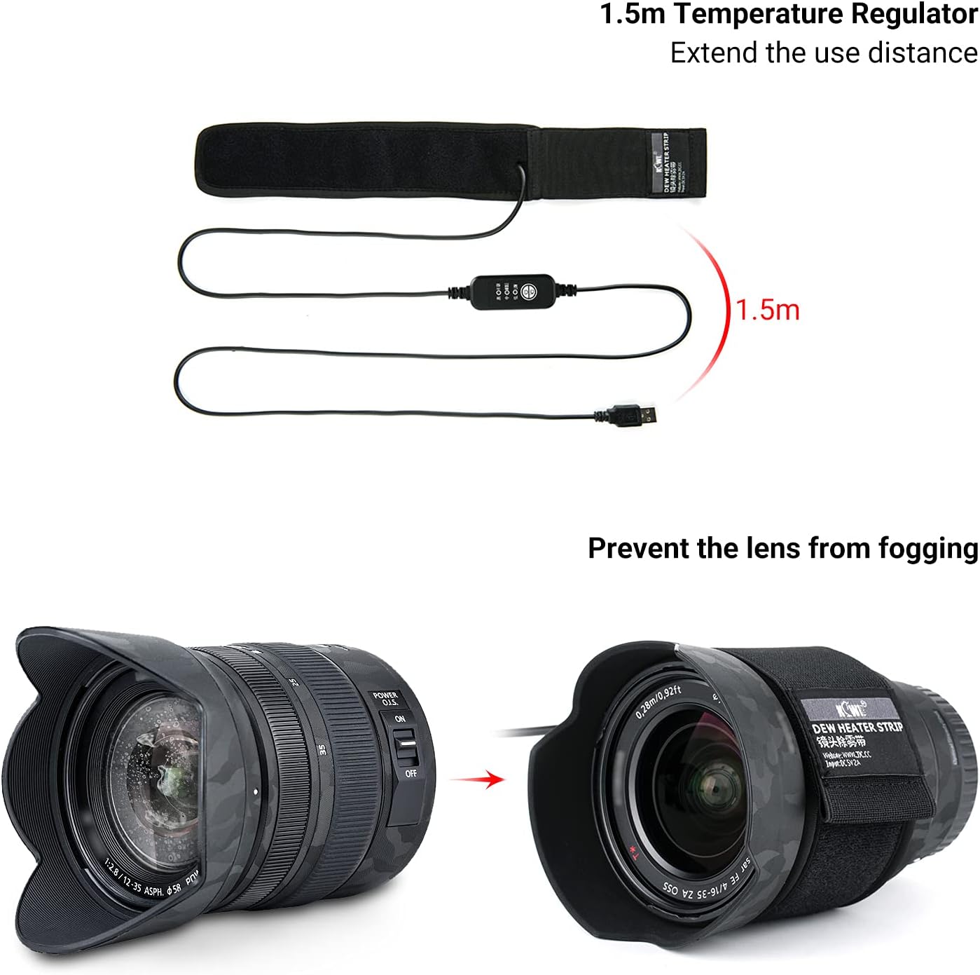 KIWIFOTOS 3.15 inch (80mm) USB Lens Warmer, Lens Dew Heater Strip with Temperature Regulator, Condensation Prevention