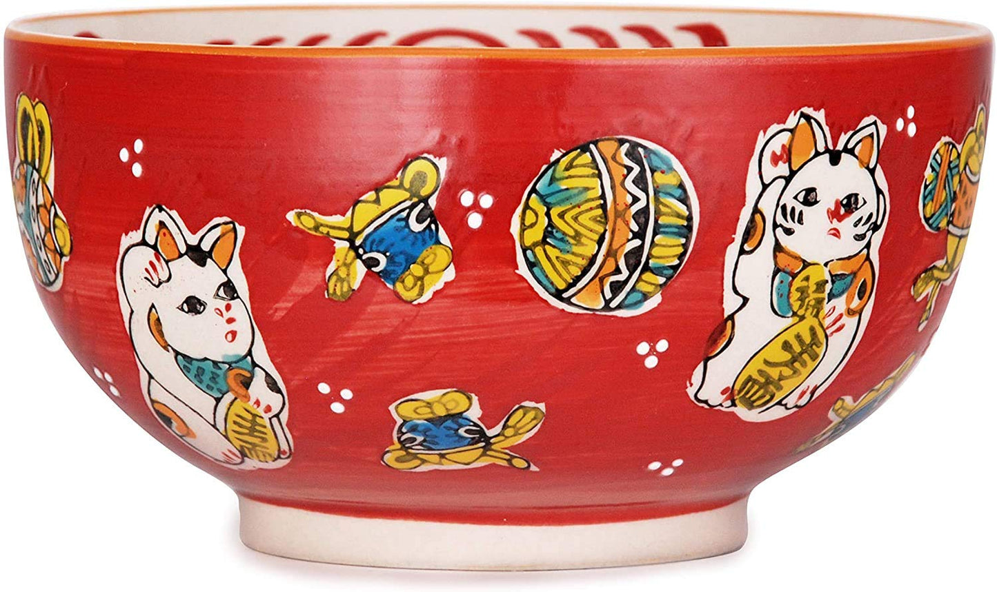 Happy Sales HSKM-RDCAT6, Japanese Kamameshi Vintage Style Rice Noodle Ramen Bowl with Bamboo Lid Trivet Chopsticks and Porcelain Spoon Bowl Set, Red Lucky Cat