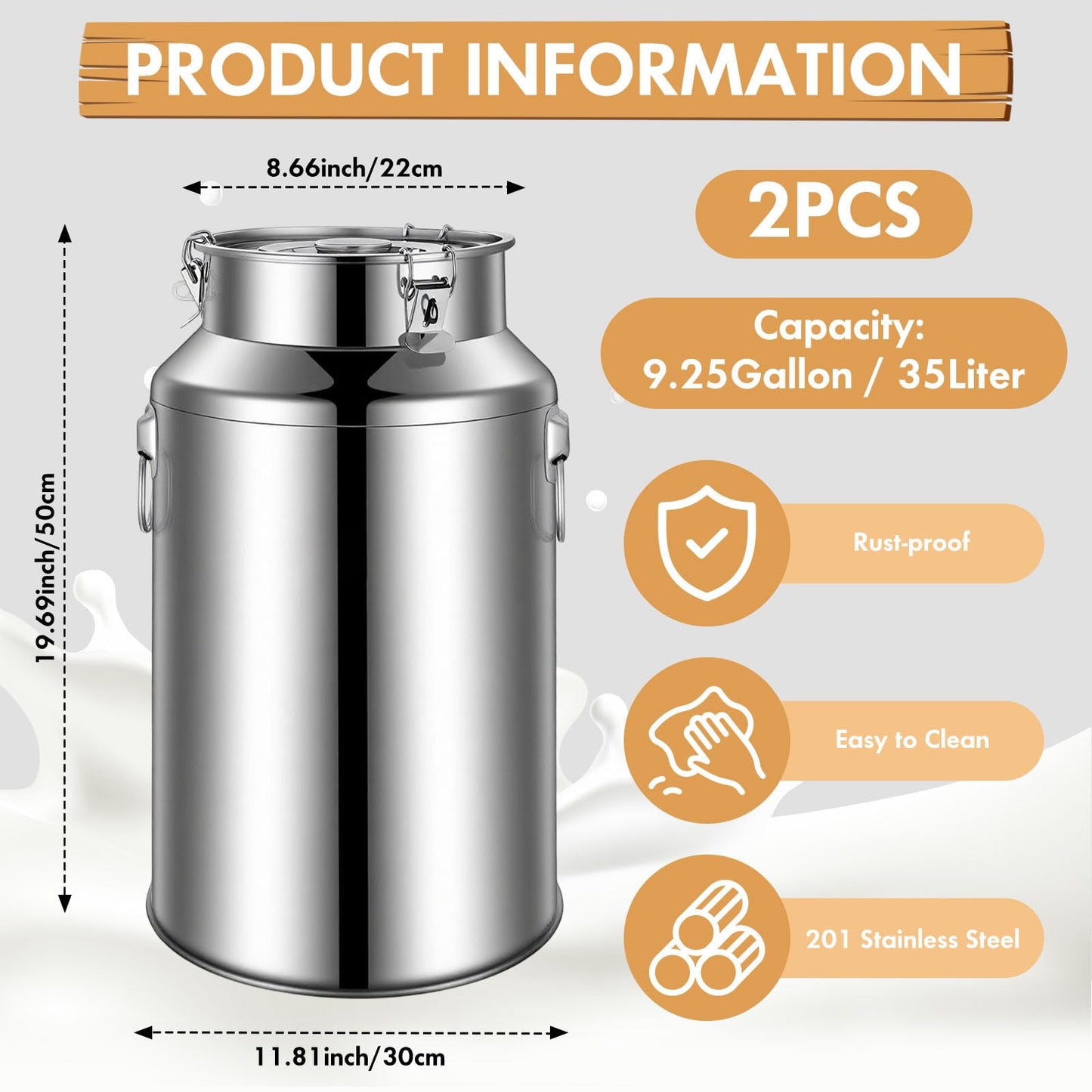 FillTouch 2 Pcs Stainless Steel Milk Can 35L/ 9.25 Gallon Heavy Duty Metal Milk Dispenser Container Pail Water Jug with Locking Sealed Lid Food Wine Oil Storage Container for Home Farm Kitchen